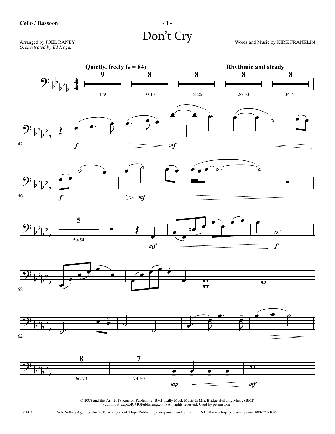 Joel Raney Don't Cry - Cello/Bassoon Sheet Music Notes & Chords for Choir Instrumental Pak - Download or Print PDF