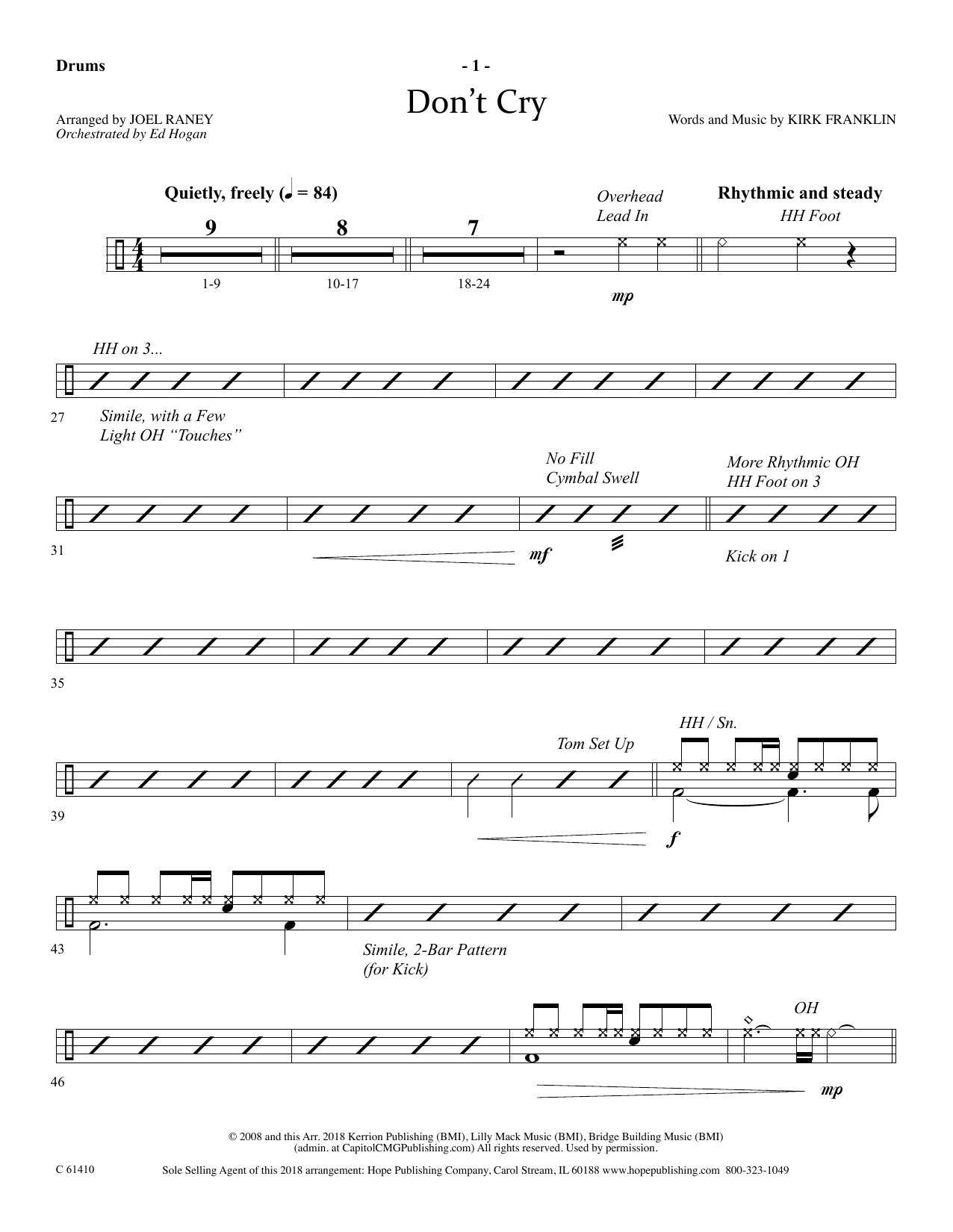 Joel Raney Don't Cry - Drums Sheet Music Notes & Chords for Choir Instrumental Pak - Download or Print PDF