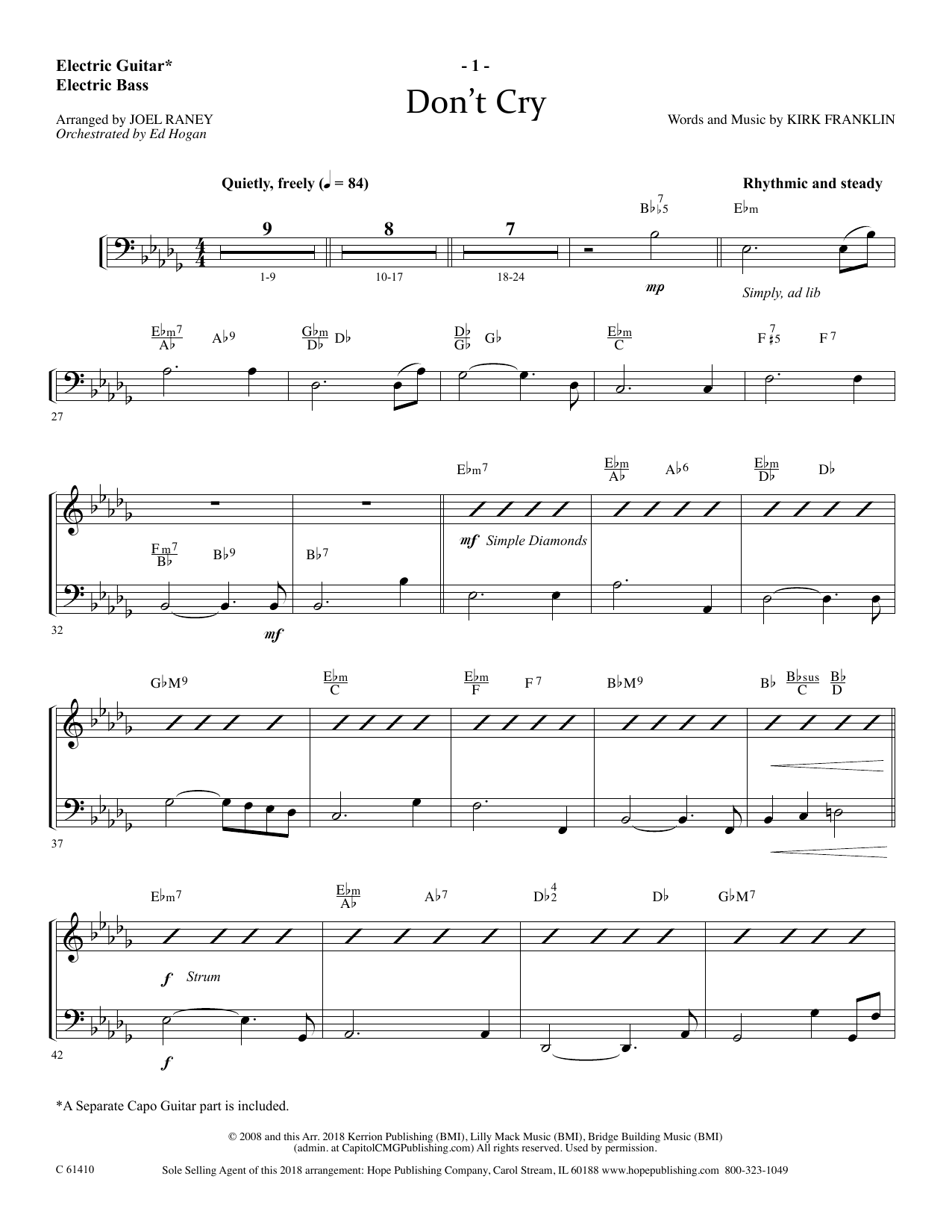 Joel Raney Don't Cry - Electric Guitar/Electric Bass Sheet Music Notes & Chords for Choir Instrumental Pak - Download or Print PDF