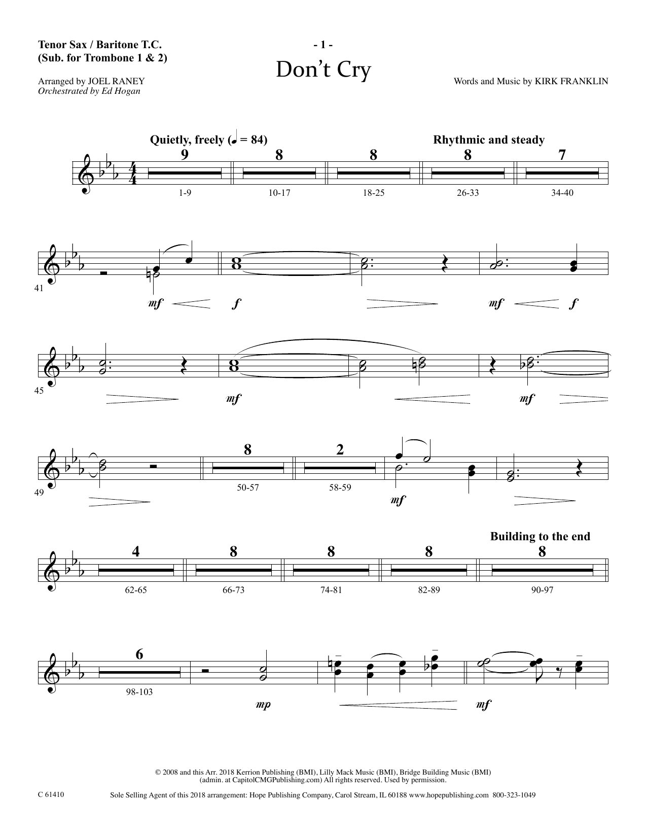 Joel Raney Don't Cry - Tenor Sax/BariTC (sub Tbn 1-2) Sheet Music Notes & Chords for Choir Instrumental Pak - Download or Print PDF