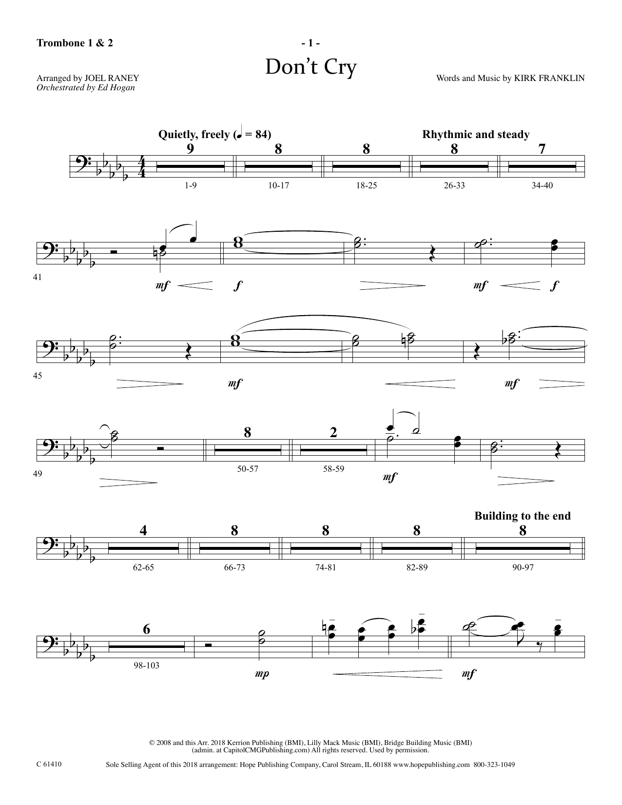 Joel Raney Don't Cry - Trombone 1 & 2 Sheet Music Notes & Chords for Choir Instrumental Pak - Download or Print PDF
