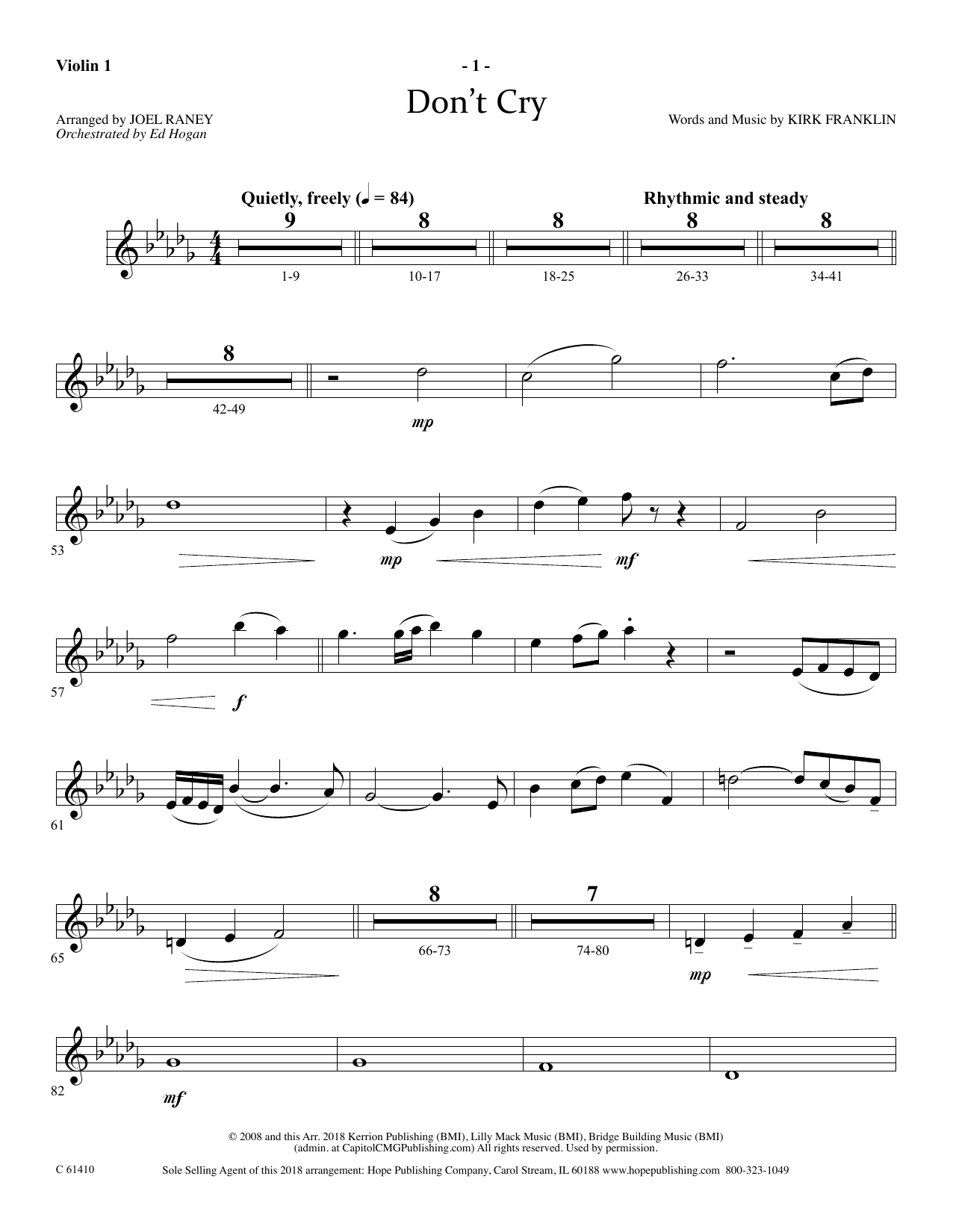 Joel Raney Don't Cry - Violin 1 Sheet Music Notes & Chords for Choir Instrumental Pak - Download or Print PDF