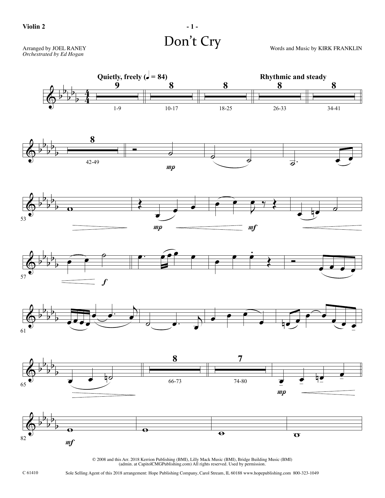 Joel Raney Don't Cry - Violin 2 Sheet Music Notes & Chords for Choir Instrumental Pak - Download or Print PDF