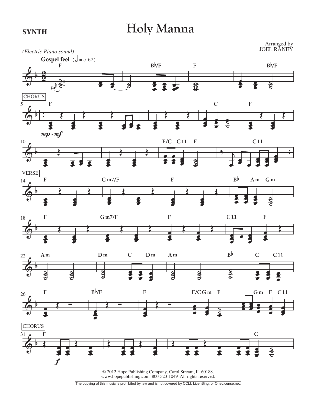 Joel Raney Holy Manna - Synthesizer Sheet Music Notes & Chords for Choir Instrumental Pak - Download or Print PDF