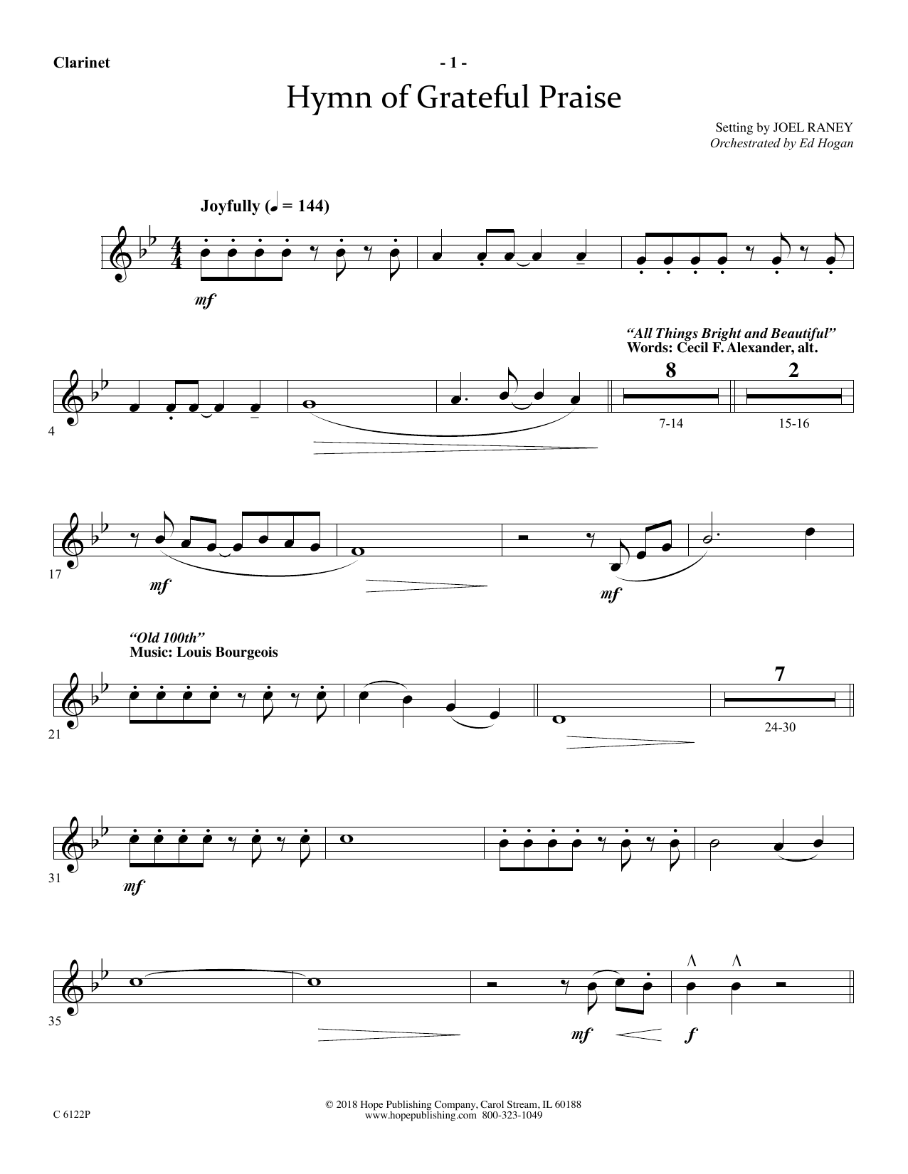 Joel Raney Hymn Of Grateful Praise - Clarinet Sheet Music Notes & Chords for Choir Instrumental Pak - Download or Print PDF