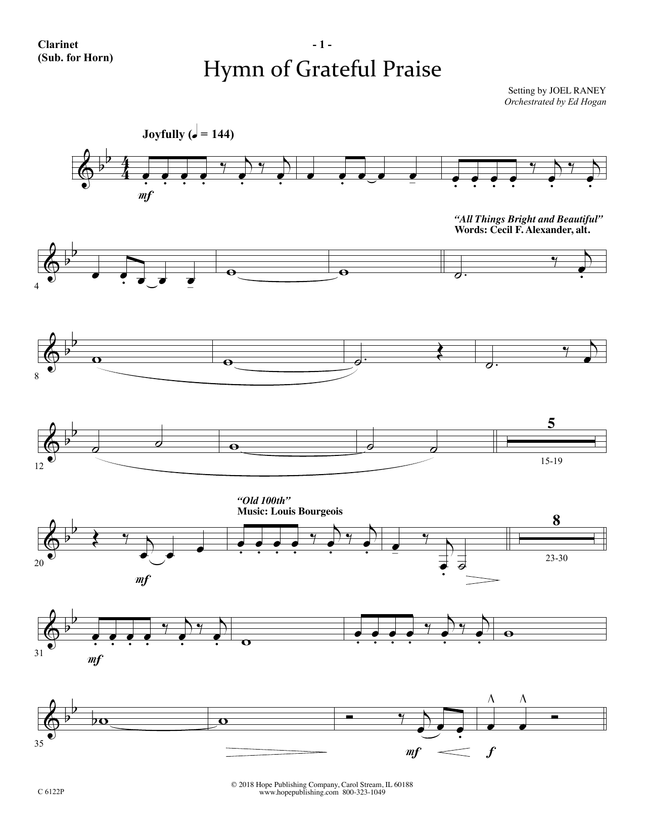 Joel Raney Hymn Of Grateful Praise - Clarinet (sub. Horn) Sheet Music Notes & Chords for Choir Instrumental Pak - Download or Print PDF