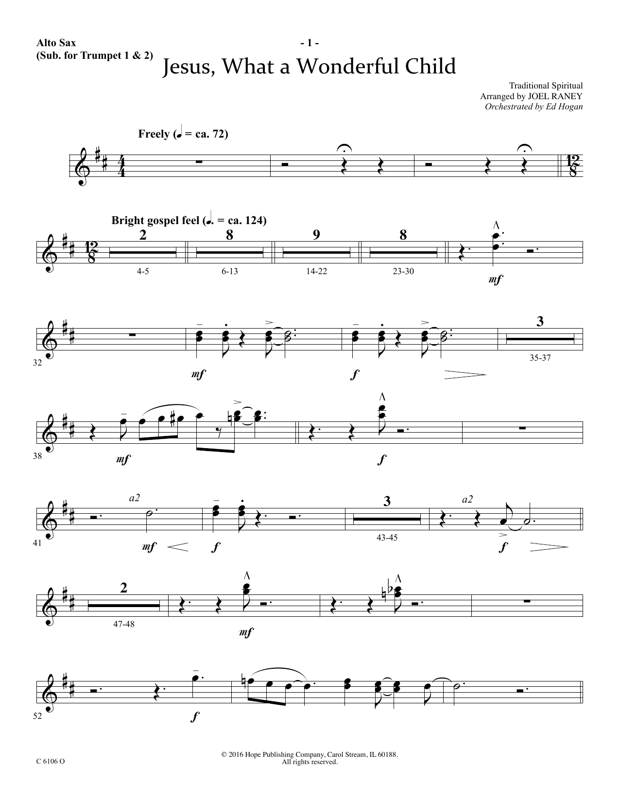 Joel Raney Jesus, What a Wonderful Child - Alto Sax (sub. Trumpet 2) Sheet Music Notes & Chords for Choir Instrumental Pak - Download or Print PDF