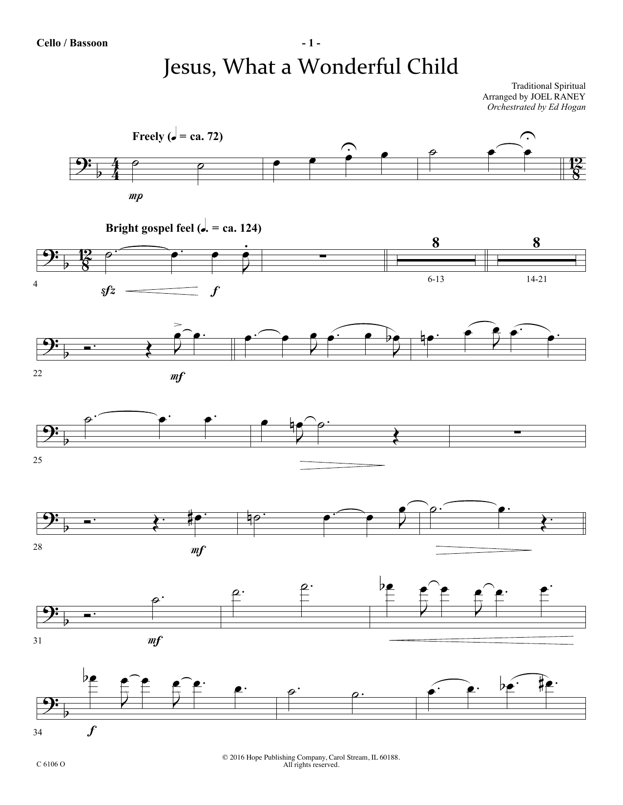 Joel Raney Jesus, What a Wonderful Child - Cello/Bassoon Sheet Music Notes & Chords for Choir Instrumental Pak - Download or Print PDF