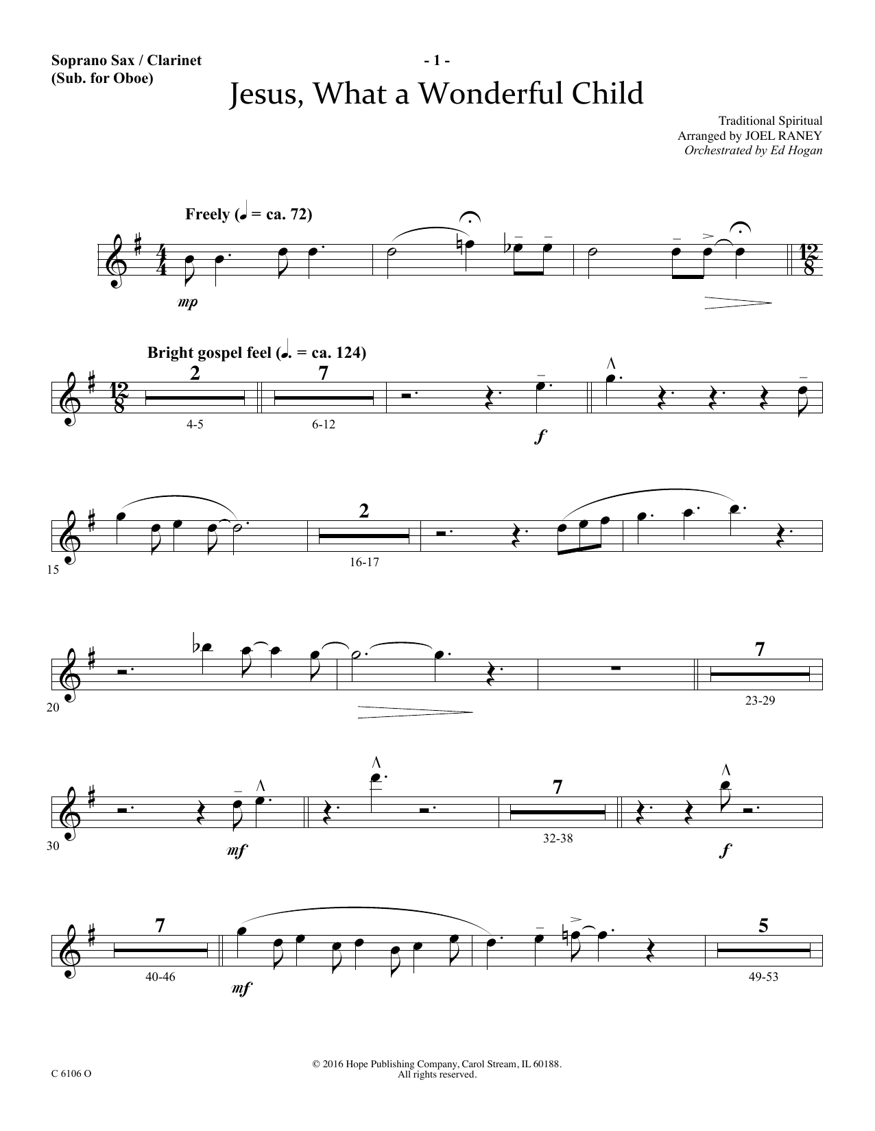 Joel Raney Jesus, What a Wonderful Child - Soprano Sax/Clarinet(sub oboe) Sheet Music Notes & Chords for Choir Instrumental Pak - Download or Print PDF