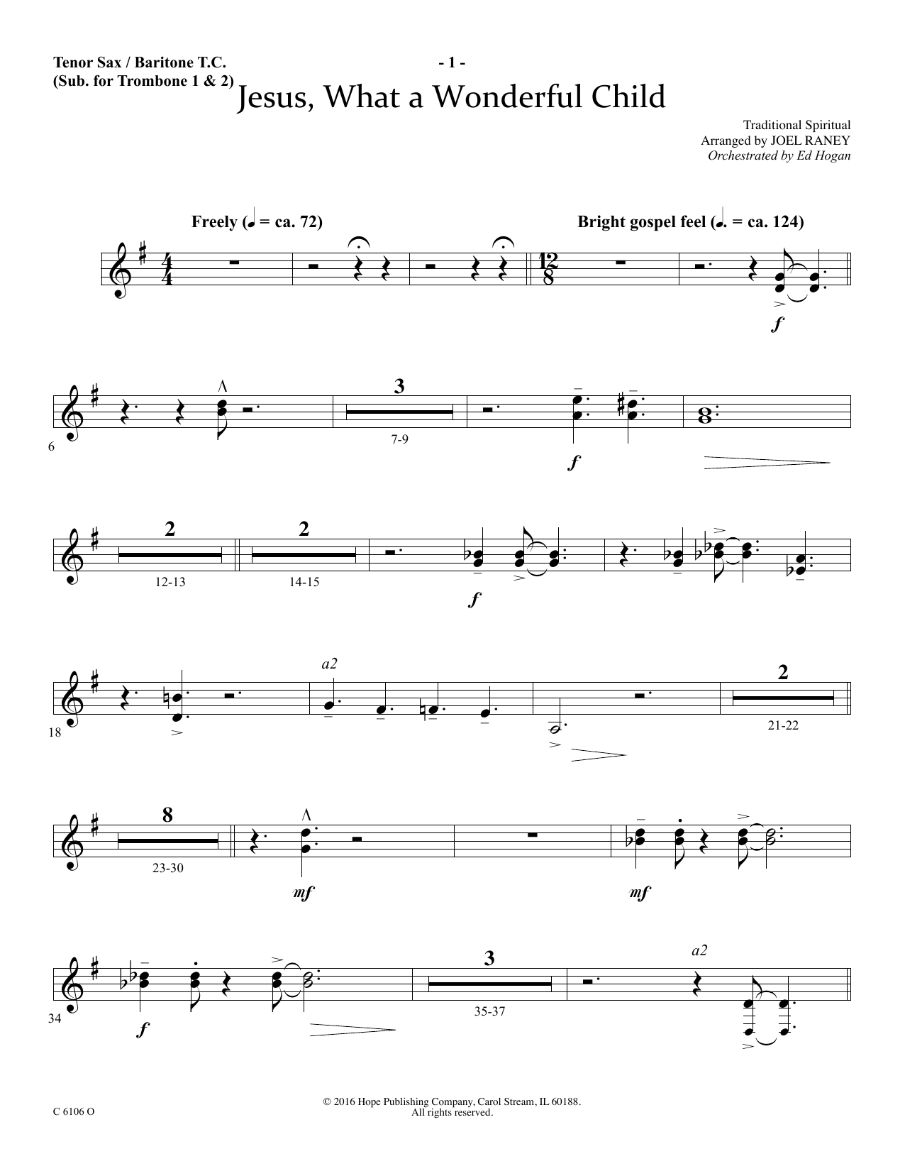 Joel Raney Jesus, What a Wonderful Child - Tenor Sax/Baritone TC Sheet Music Notes & Chords for Choir Instrumental Pak - Download or Print PDF