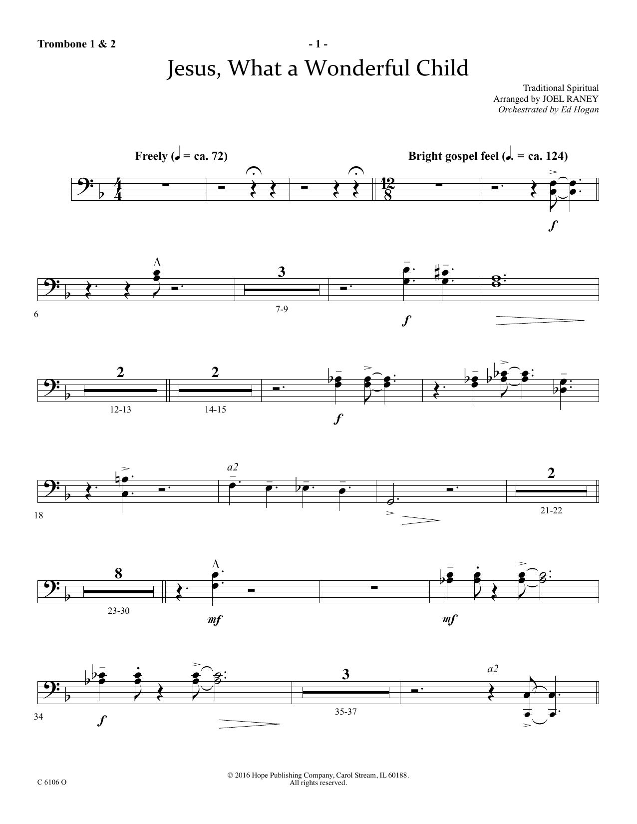 Joel Raney Jesus, What a Wonderful Child - Trombone 1 & 2 Sheet Music Notes & Chords for Choir Instrumental Pak - Download or Print PDF