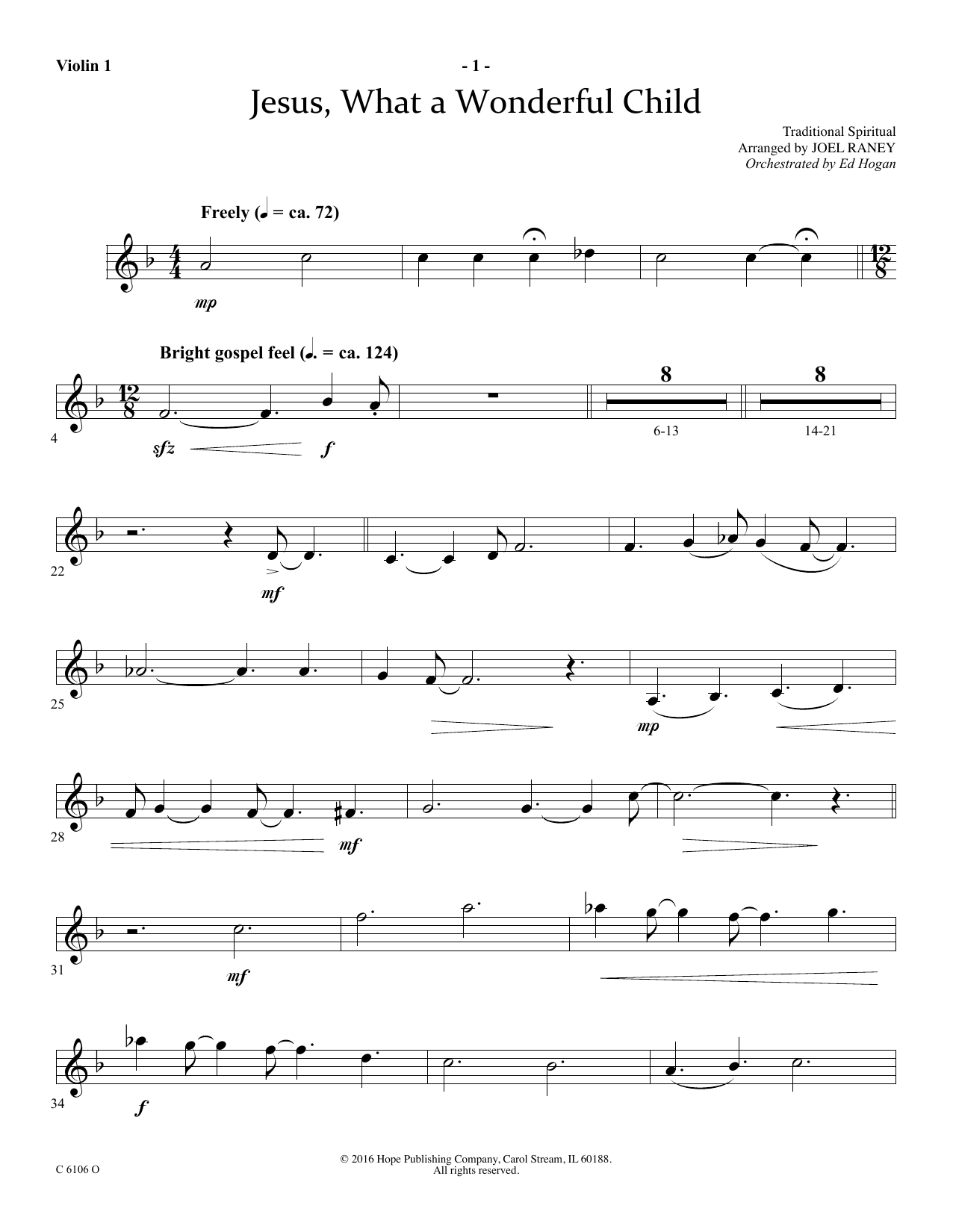 Joel Raney Jesus, What a Wonderful Child - Violin 1 Sheet Music Notes & Chords for Choir Instrumental Pak - Download or Print PDF