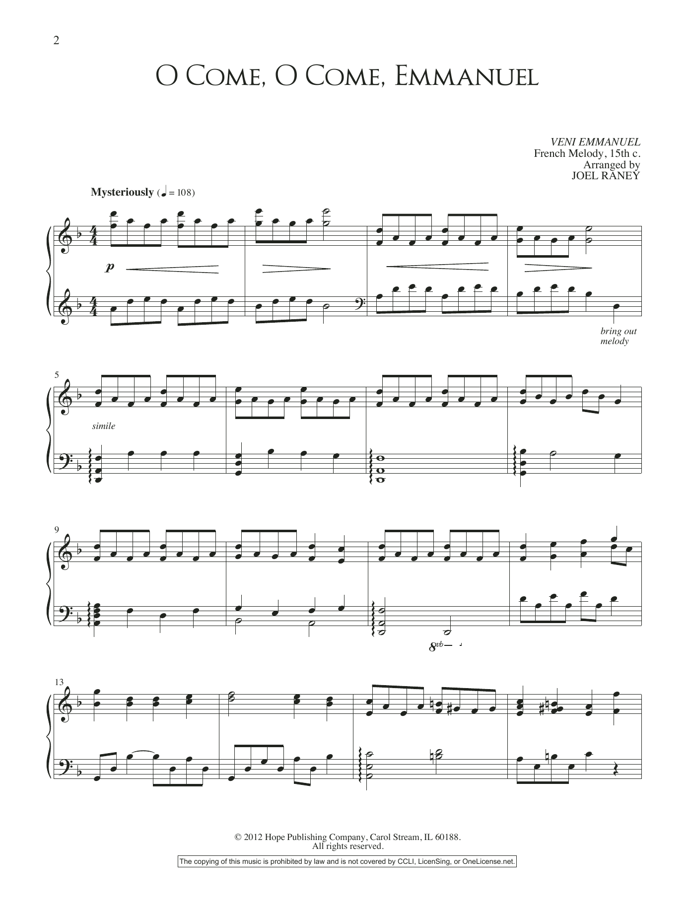 Joel Raney O Come, O Come, Emmanuel Sheet Music Notes & Chords for Piano Solo - Download or Print PDF