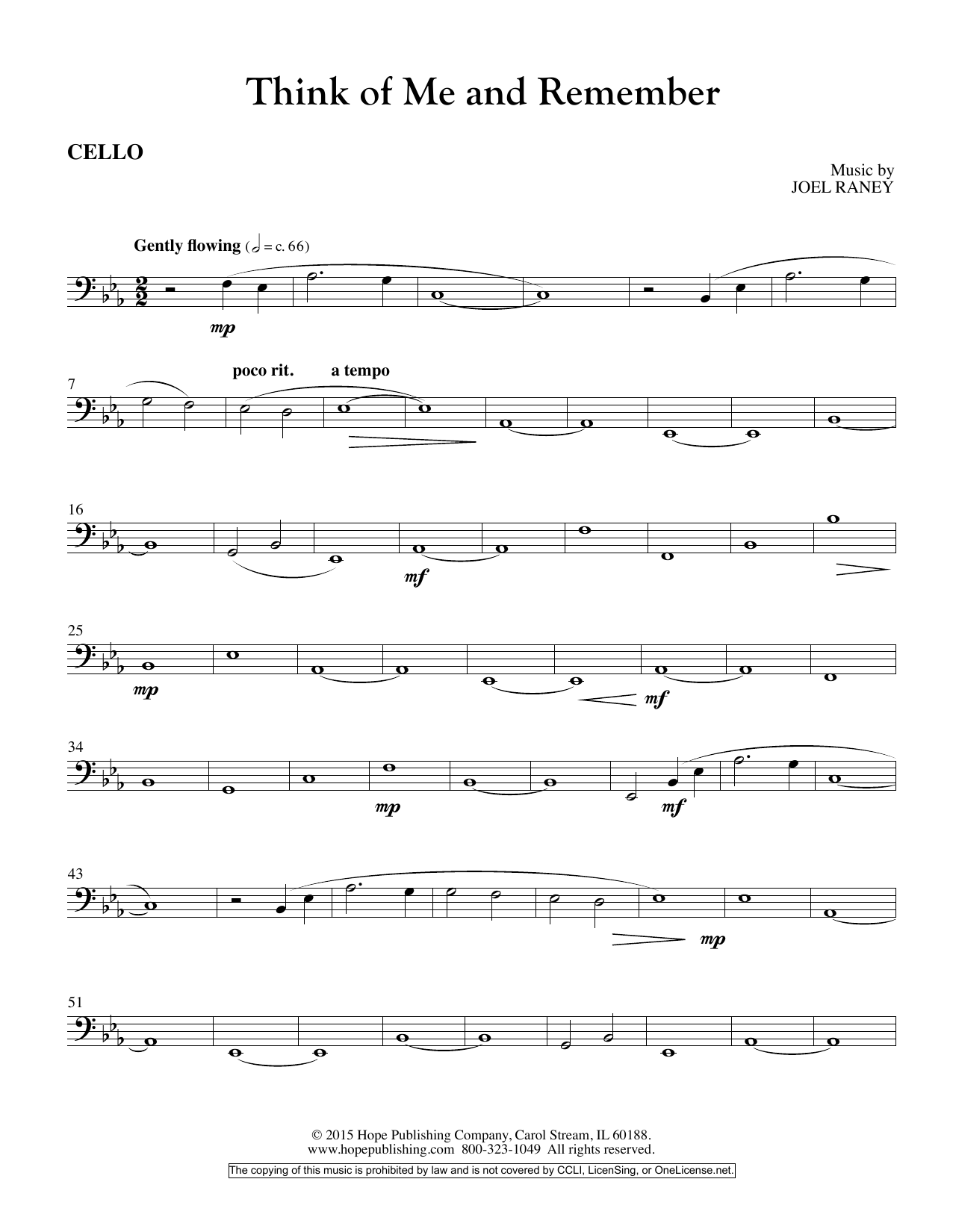 Joel Raney Think Of Me And Remember - Cello Sheet Music Notes & Chords for Choir Instrumental Pak - Download or Print PDF