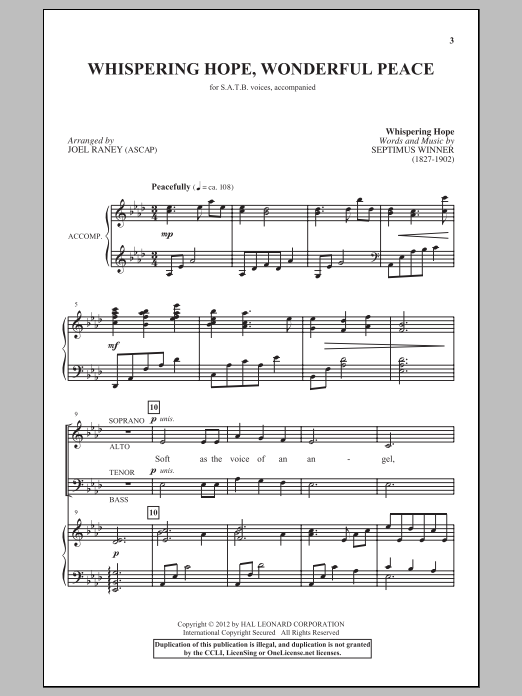 Joel Raney Whispering Hope, Wonderful Peace Sheet Music Notes & Chords for SATB - Download or Print PDF