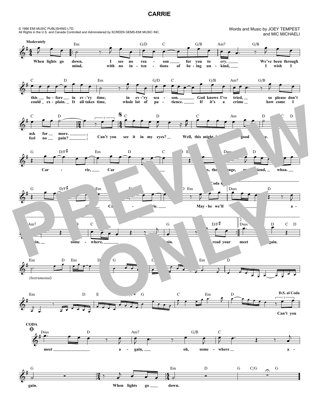 Joey Tempest Carrie Sheet Music Notes & Chords for Melody Line, Lyrics & Chords - Download or Print PDF