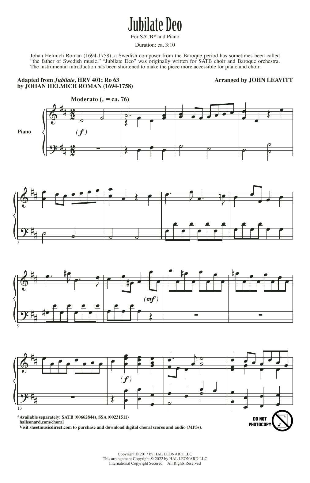 Johan Helmich Roman Jubilate Deo (arr. John Leavitt) Sheet Music Notes & Chords for SATB Choir - Download or Print PDF