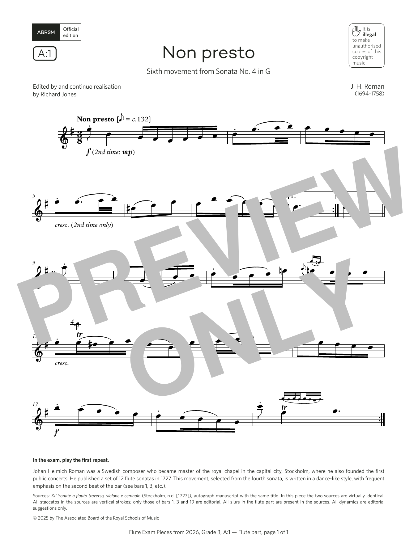 Johan Helmich Roman Non presto (Grade 3, list A1, from the ABRSM Flute Syllabus from 2026) Sheet Music Notes & Chords for Flute Solo - Download or Print PDF Johan Helmich Roman Non presto (Grade 3, list A1, from the ABRSM Flute Syllabus from 2026) Sheet Music Notes & Chords for Flute Solo - Download or Print PDF