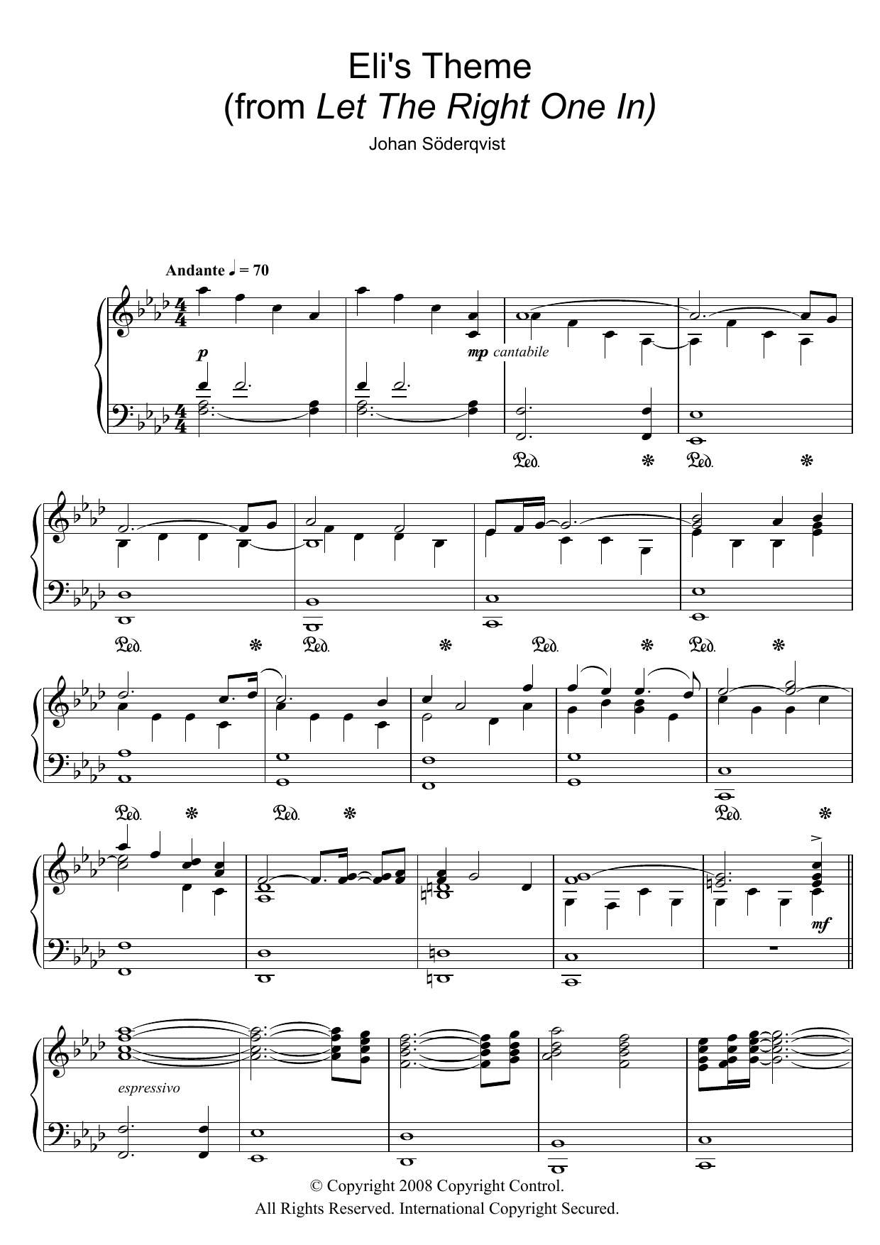 Johan Soderqvist Eli's Theme (from Let The Right One In) Sheet Music Notes & Chords for Piano - Download or Print PDF