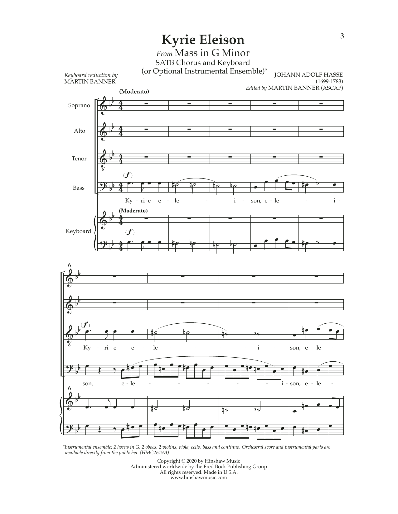 Johann Adolf Hasse Kyrie Eleison (from Mass In G Minor) Sheet Music Notes & Chords for SATB Choir - Download or Print PDF