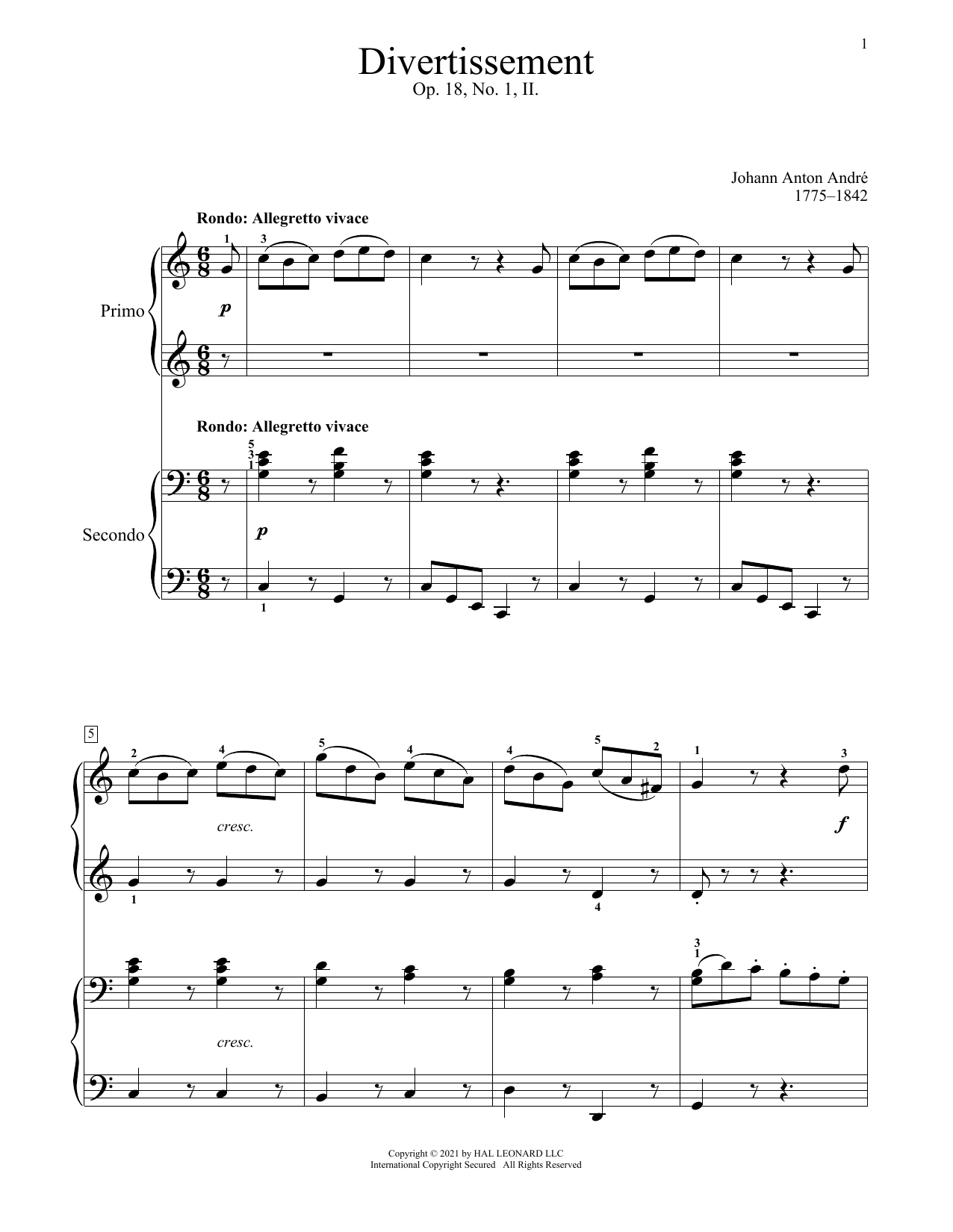 Johann Anton Andre Divertissement, Op. 18, No. 1 (II. Rondo) Sheet Music Notes & Chords for Piano Duet - Download or Print PDF