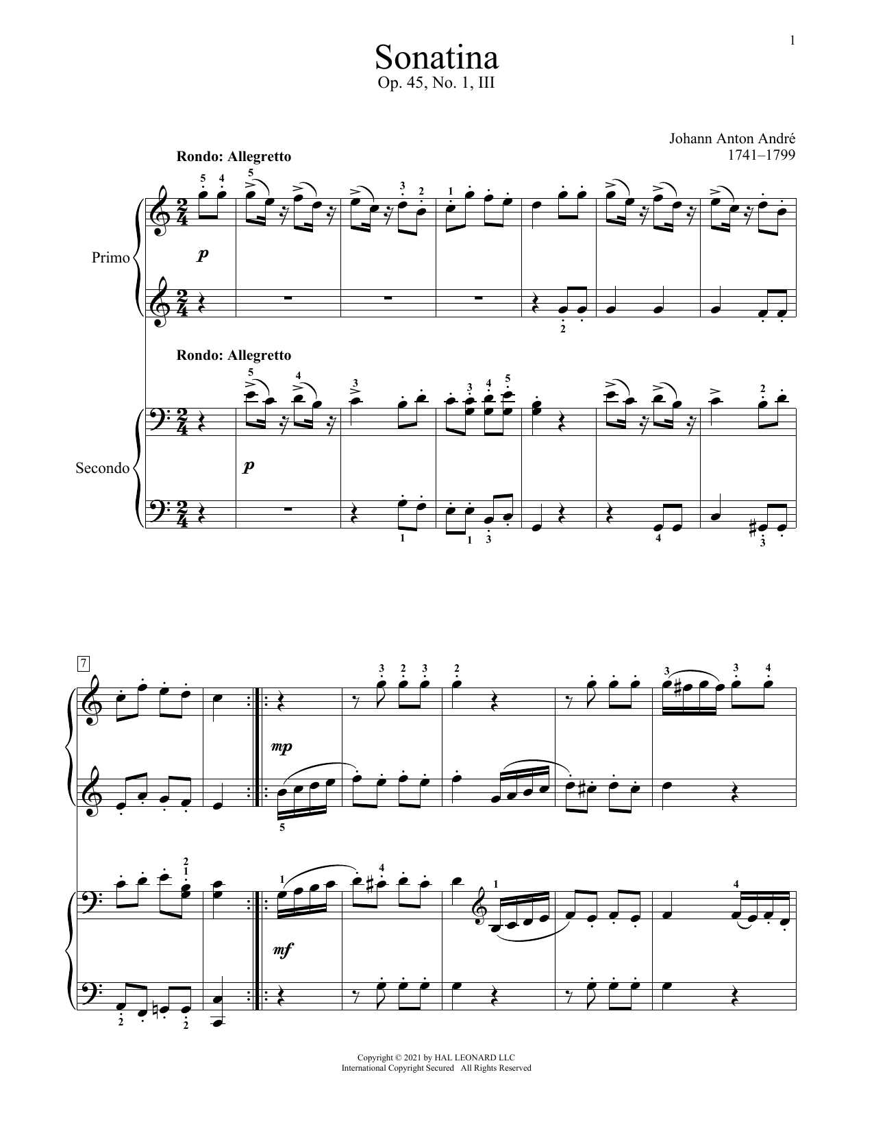 Johann Anton Andre Sonatina, Op. 45, No. 1, III. Rondo Sheet Music Notes & Chords for Piano Duet - Download or Print PDF