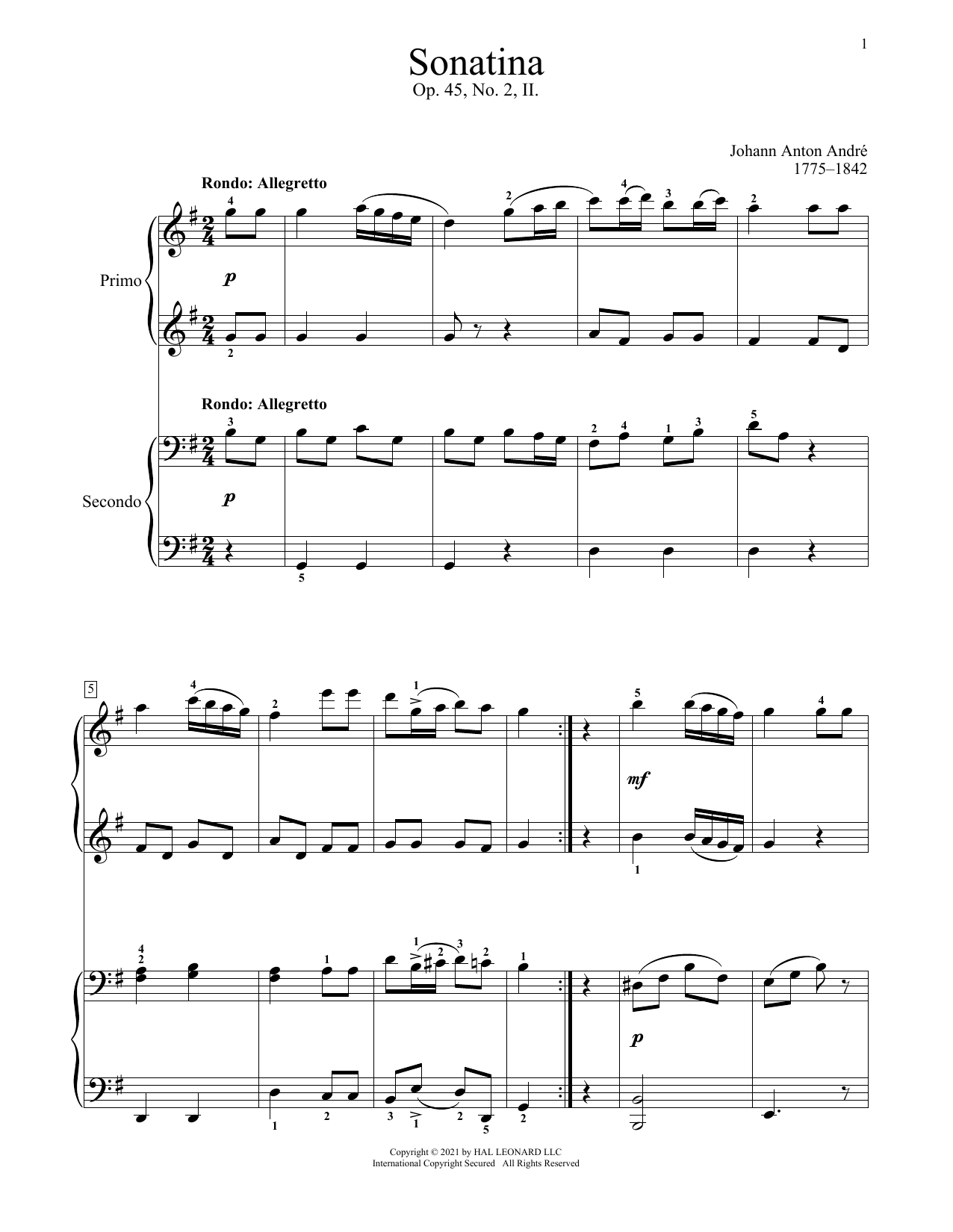Johann Anton Andre Sonatina, Op. 45, No. 2, II. Rondo Sheet Music Notes & Chords for Piano Duet - Download or Print PDF