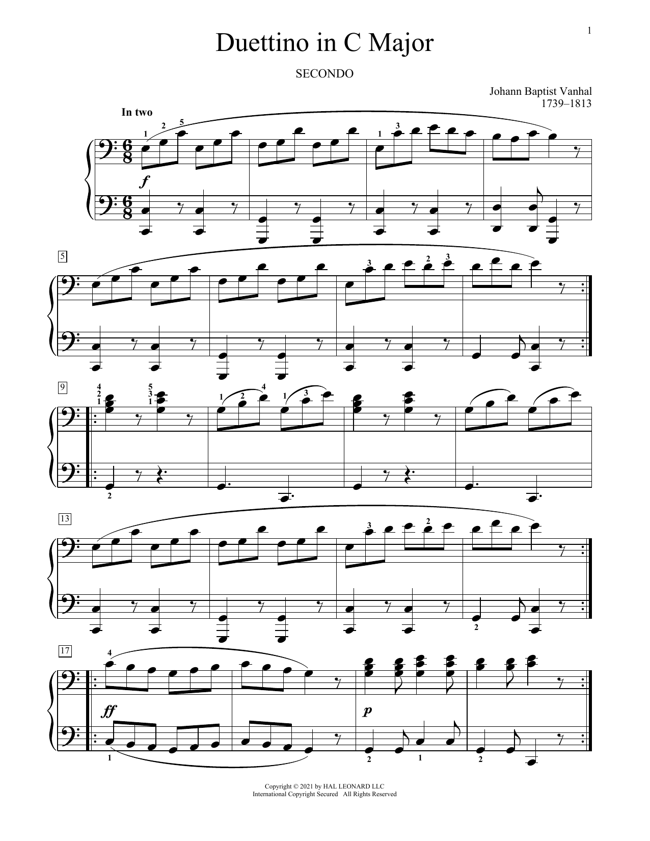 Johann Baptist Vanhal Duettino In C Major Sheet Music Notes & Chords for Piano Duet - Download or Print PDF
