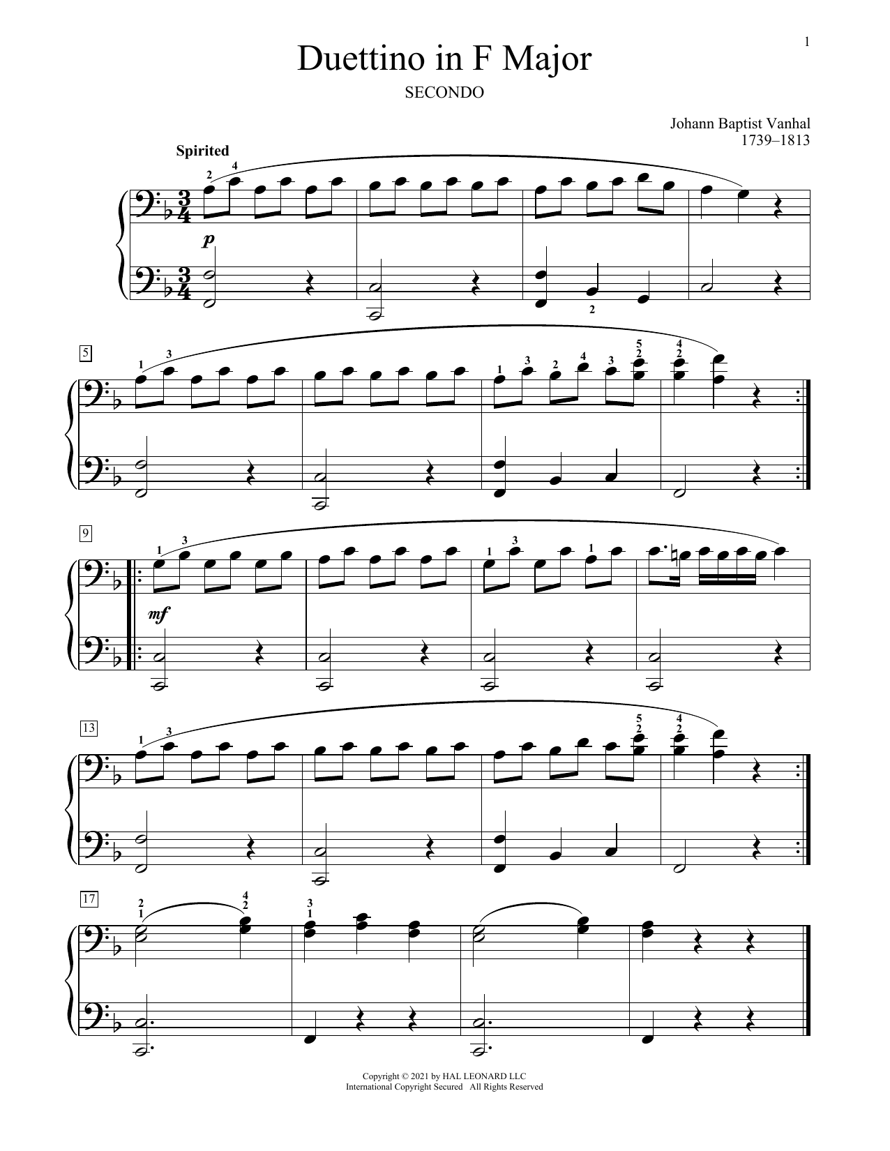 Johann Baptist Vanhal Duettino In F Major Sheet Music Notes & Chords for Piano Duet - Download or Print PDF