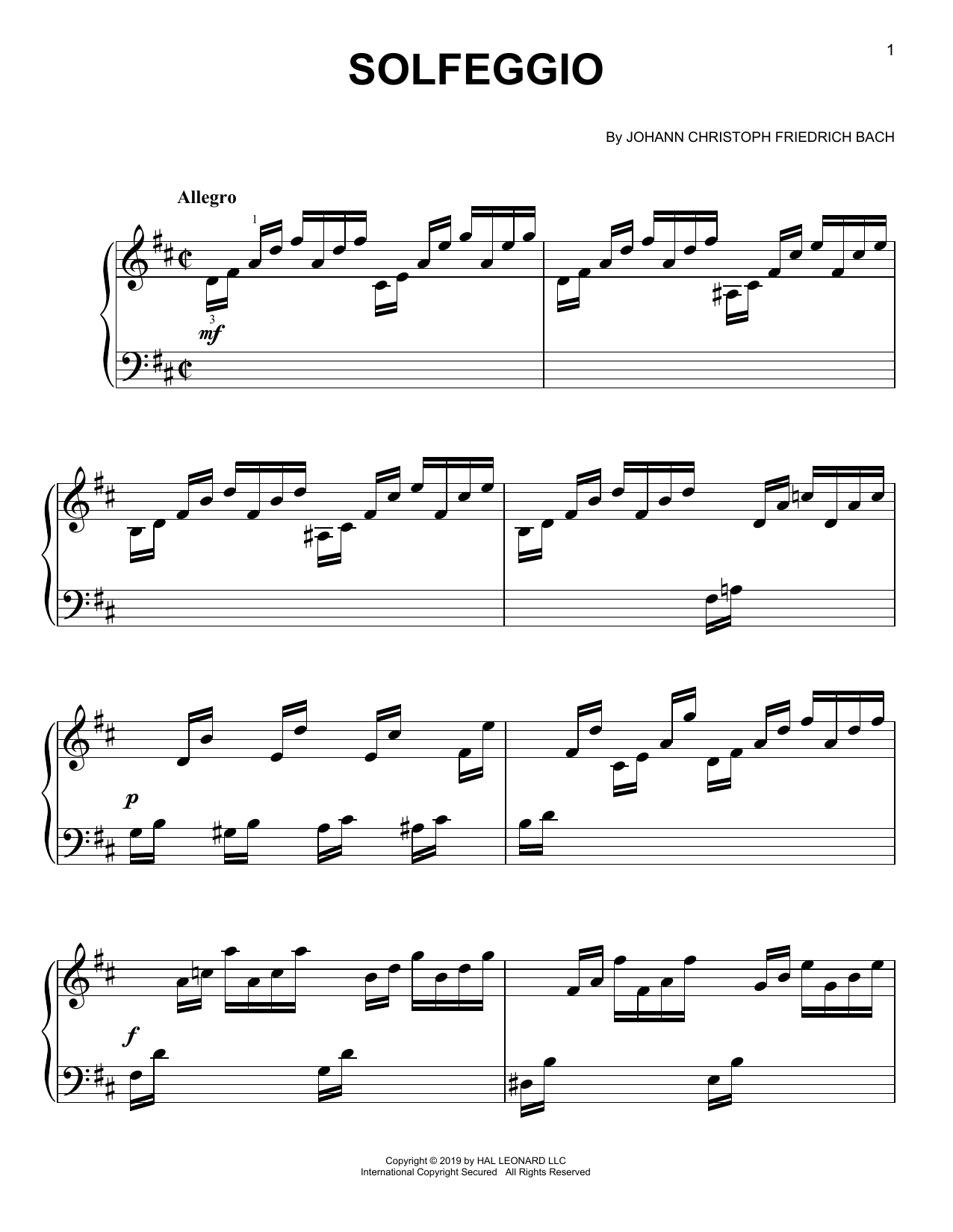 Johann C.F. Bach Solfeggio Sheet Music Notes & Chords for Easy Piano - Download or Print PDF