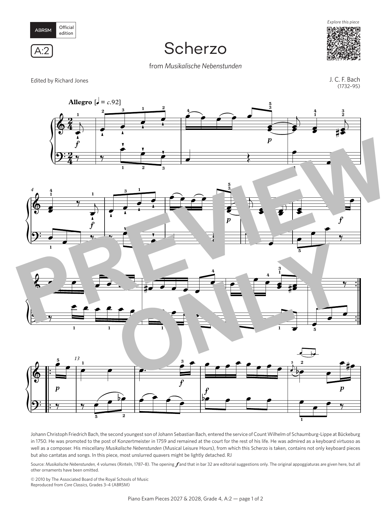 Johann Christoph Friedrich Bach Scherzo (Grade 4, list A2, from the ABRSM Piano Syllabus 2027 & 2028) Sheet Music Notes & Chords for Piano Solo - Download or Print PDF
