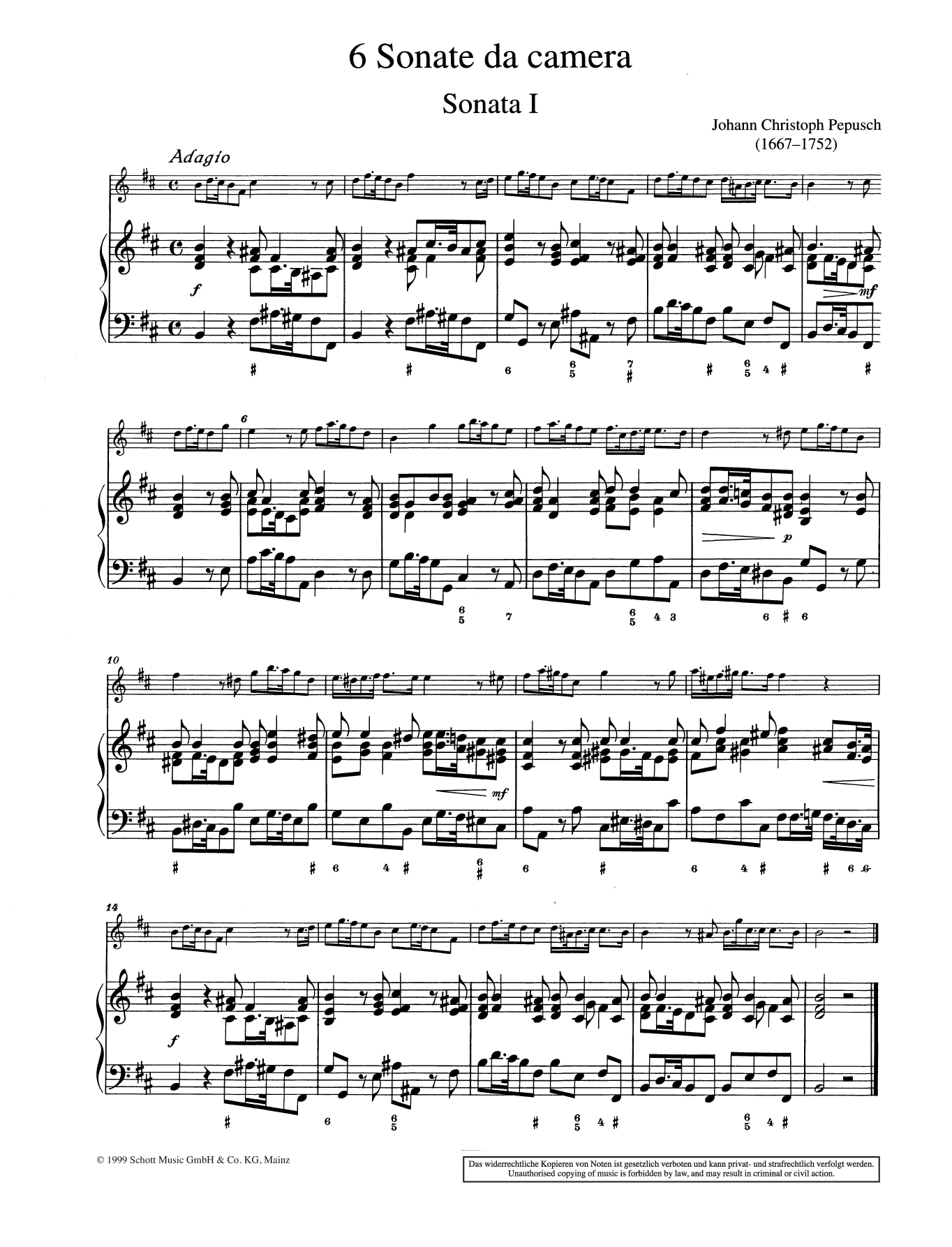 Johann Christoph Pepusch Sonata No. 1 Sheet Music Notes & Chords for String Solo - Download or Print PDF