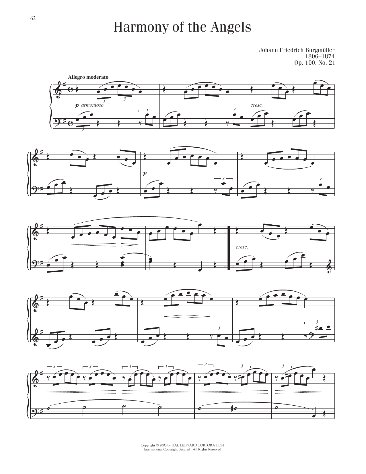 Johann Friedrich Burgmuller Harmony Of The Angels, Op. 100, No. 21 Sheet Music Notes & Chords for Piano Solo - Download or Print PDF