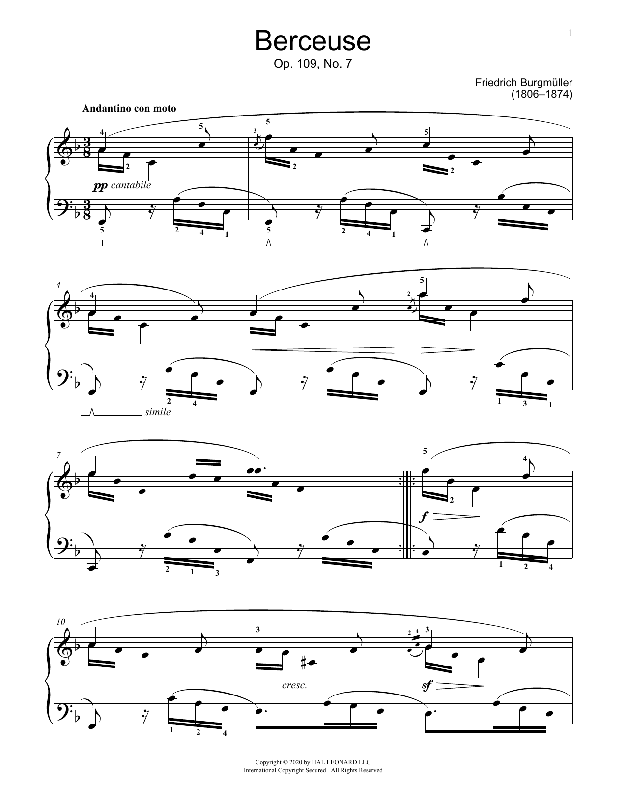 Johann Friedrich Burgmuller Lullaby, Op. 109, No. 7 Sheet Music Notes & Chords for Educational Piano - Download or Print PDF