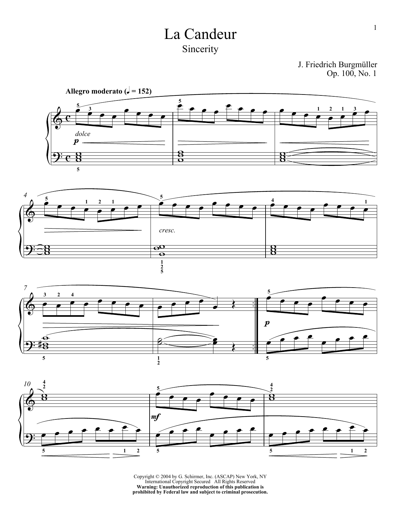 Johann Friedrich Burgmuller Sincerity (La Candeur), Op. 100, No. 1 Sheet Music Notes & Chords for Piano - Download or Print PDF