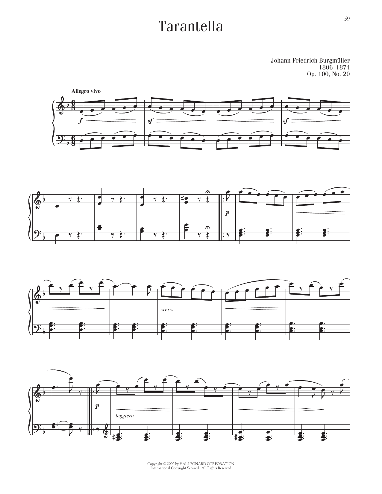 Johann Friedrich Burgmuller Tarantella, Op. 100, No. 20 Sheet Music Notes & Chords for Piano Solo - Download or Print PDF