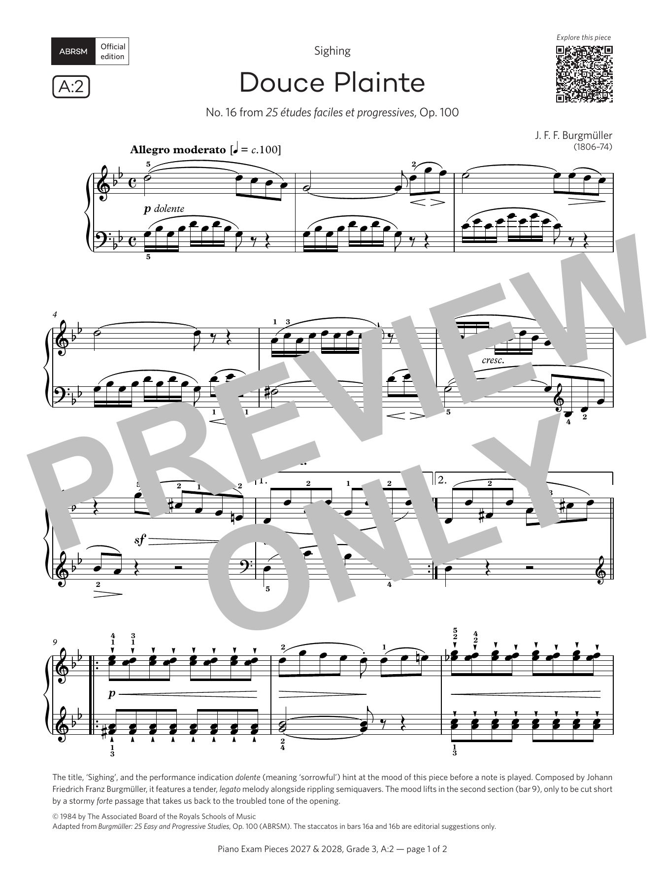 Johann Friedrich Franz Burgmüller Douce Plainte (Grade 3, list A2, from the ABRSM Piano Syllabus 2027 & 2028) Sheet Music Notes & Chords for Piano Solo - Download or Print PDF