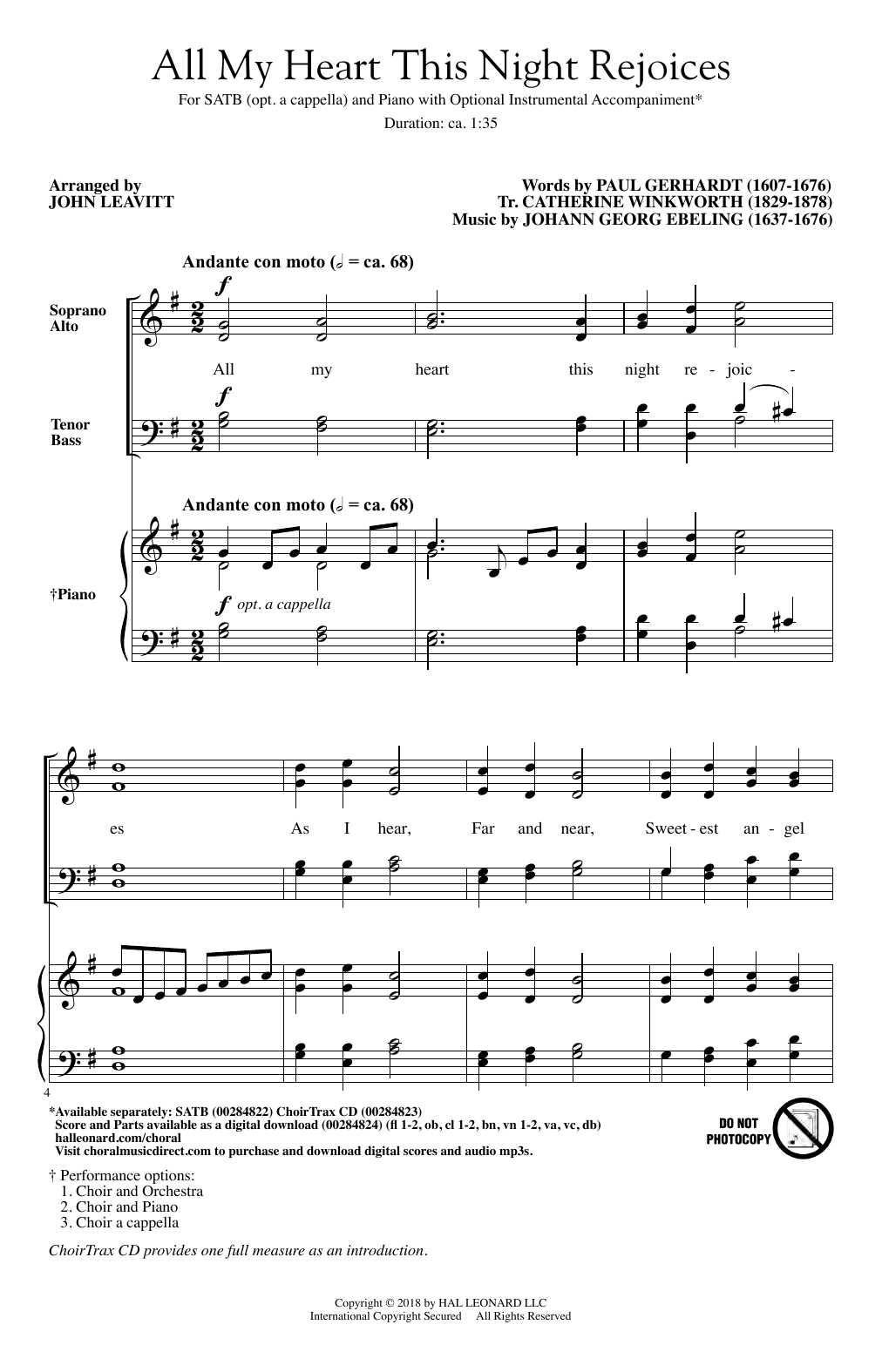 Johann Georg Ebeling All My Heart This Night Rejoices (arr. John Leavitt) Sheet Music Notes & Chords for SATB Choir - Download or Print PDF
