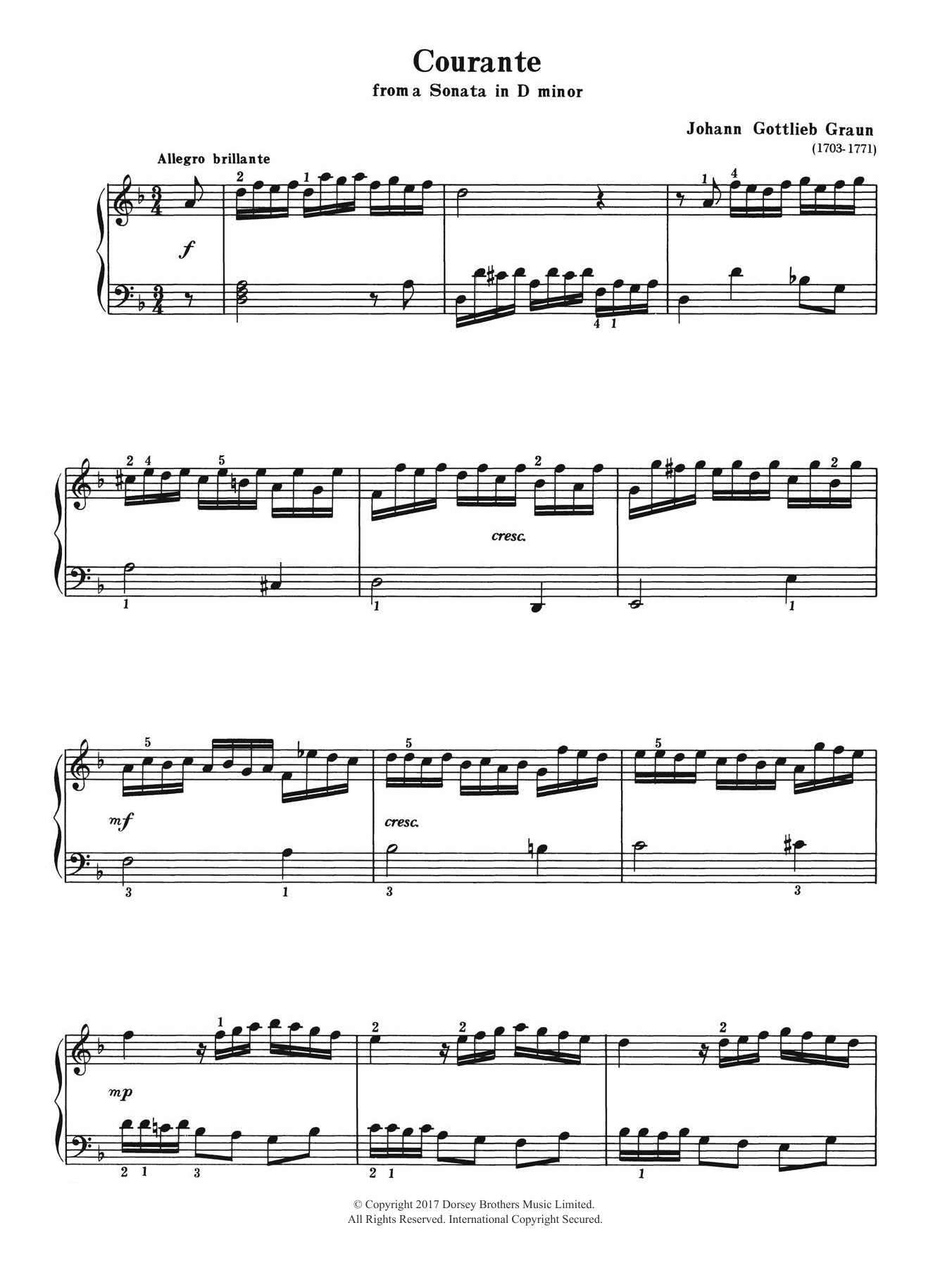 Johann Gottlieb Graun Courante (from a Sonata in D Minor) Sheet Music Notes & Chords for Piano - Download or Print PDF