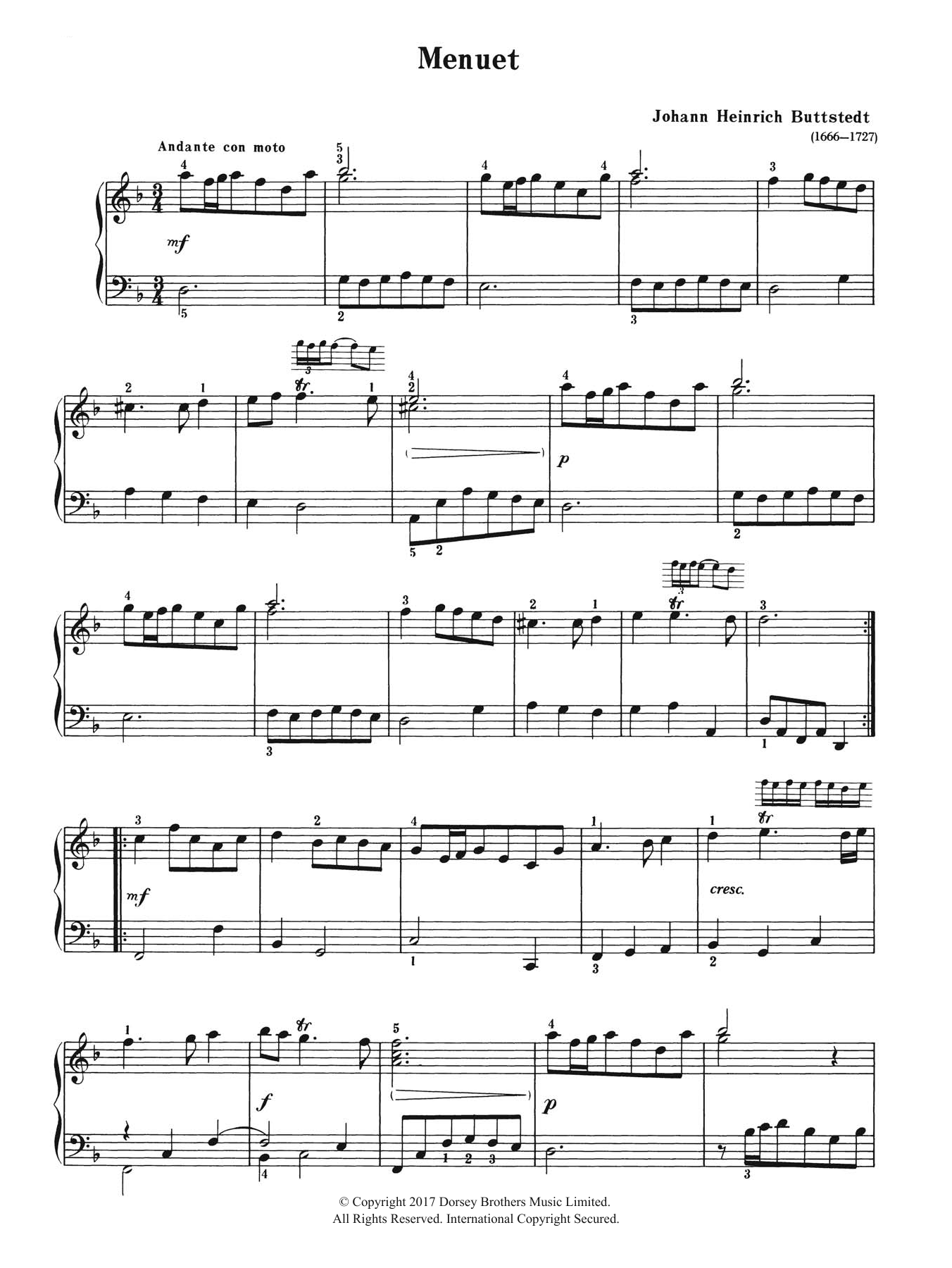 Johann Heinrich Buttstedt Menuet Sheet Music Notes & Chords for Piano - Download or Print PDF