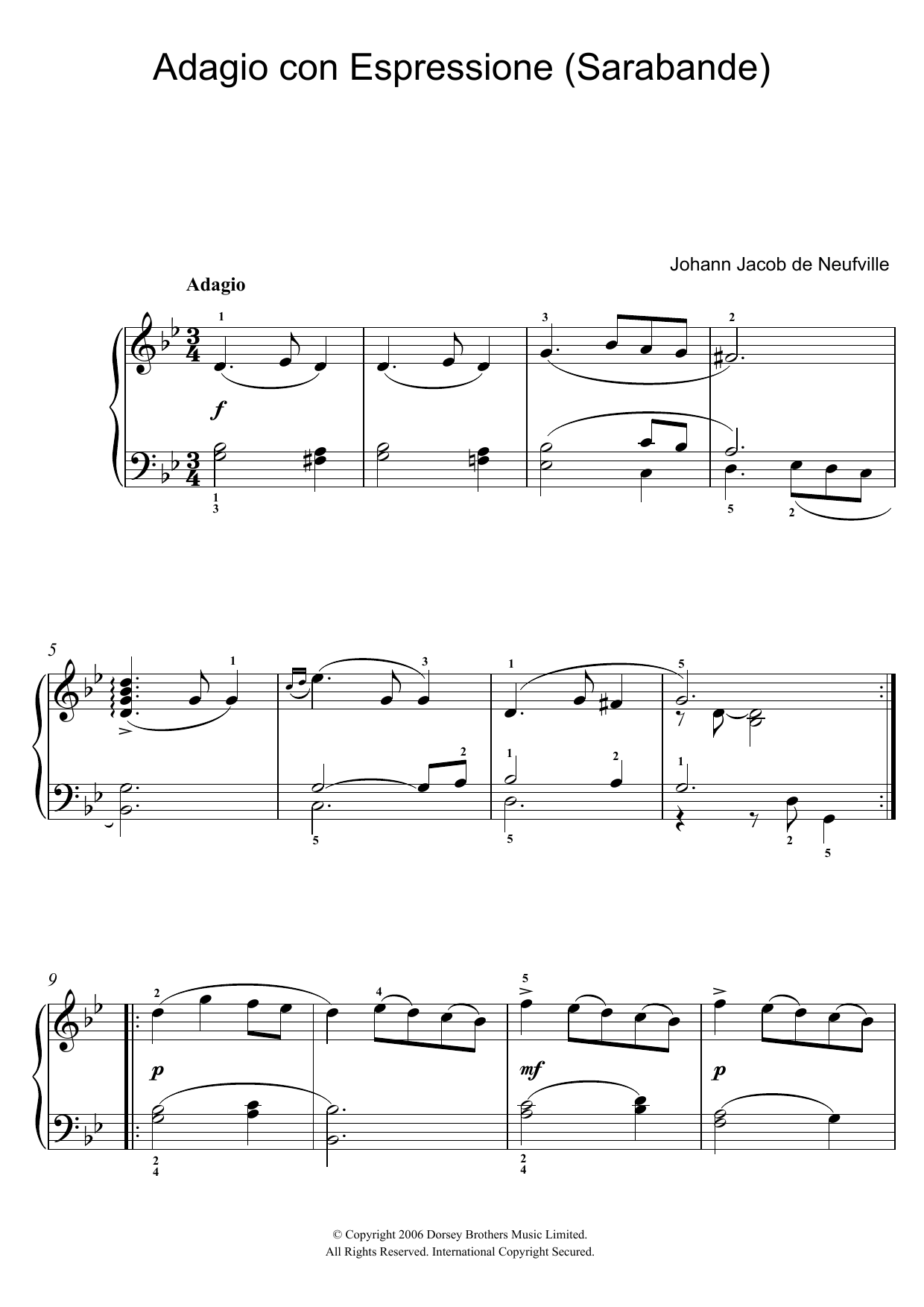 Johann Jacob de Neufville Adagio Con Espressione (Sarabande) Sheet Music Notes & Chords for Piano - Download or Print PDF Johann Jacob de Neufville Adagio Con Espressione (Sarabande) Sheet Music Notes & Chords for Piano - Download or Print PDF