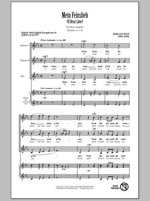 Johann Jeep O Dear Love (Mein Feinslieb) Sheet Music Notes & Chords for SSA - Download or Print PDF