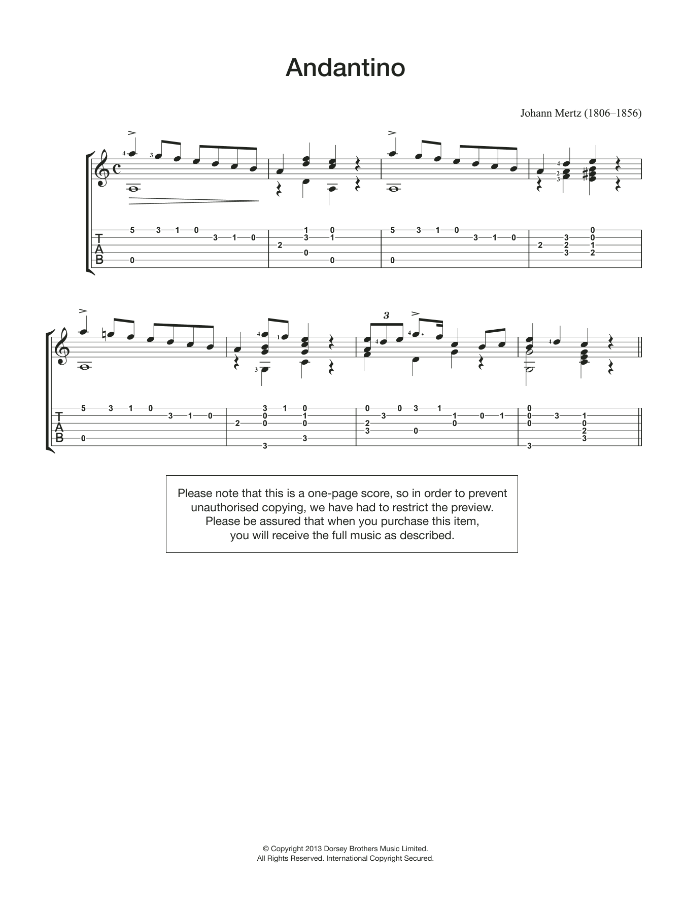 Johann Kaspar Mertz Andantino Sheet Music Notes & Chords for Guitar - Download or Print PDF