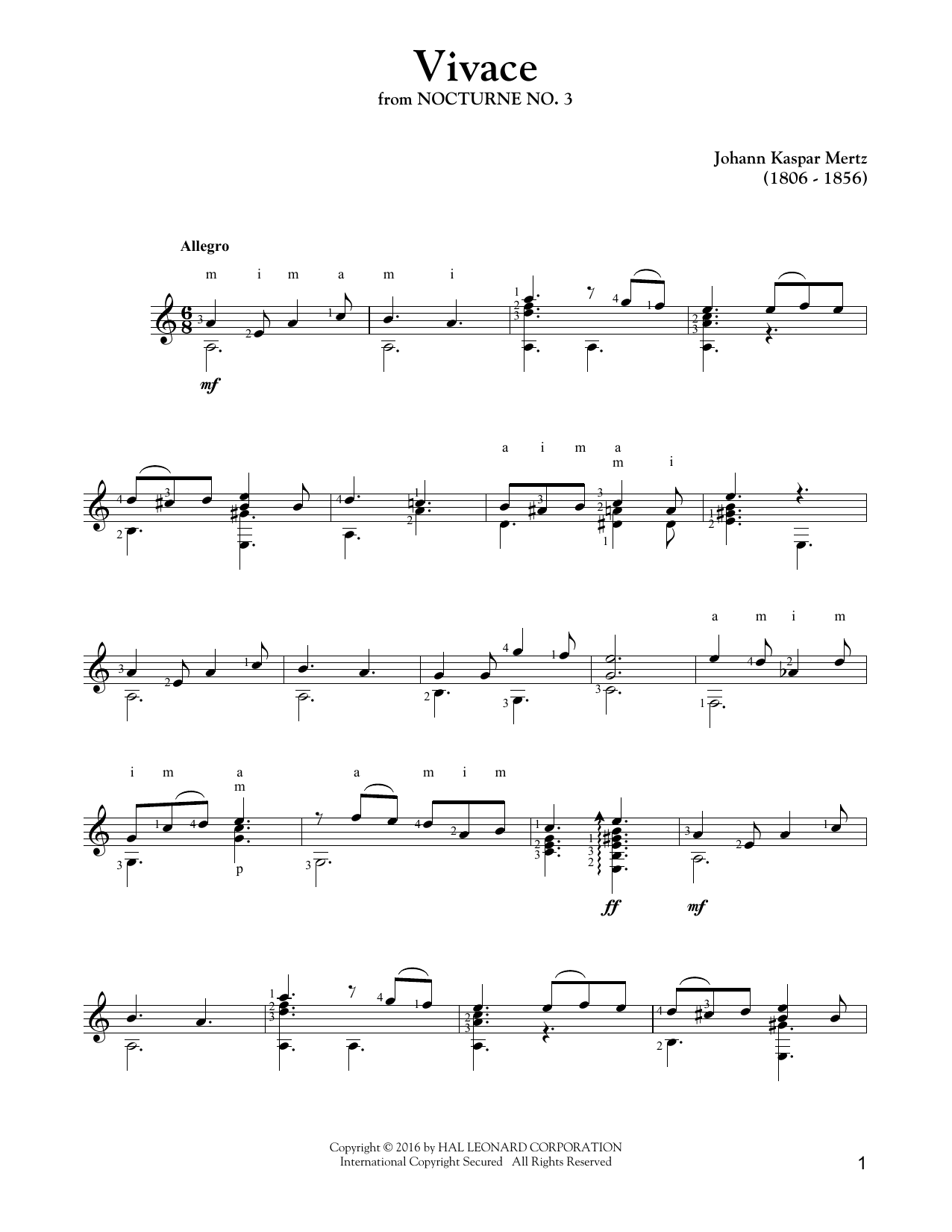 Johann Kaspar Mertz Vivace Sheet Music Notes & Chords for Guitar Tab - Download or Print PDF