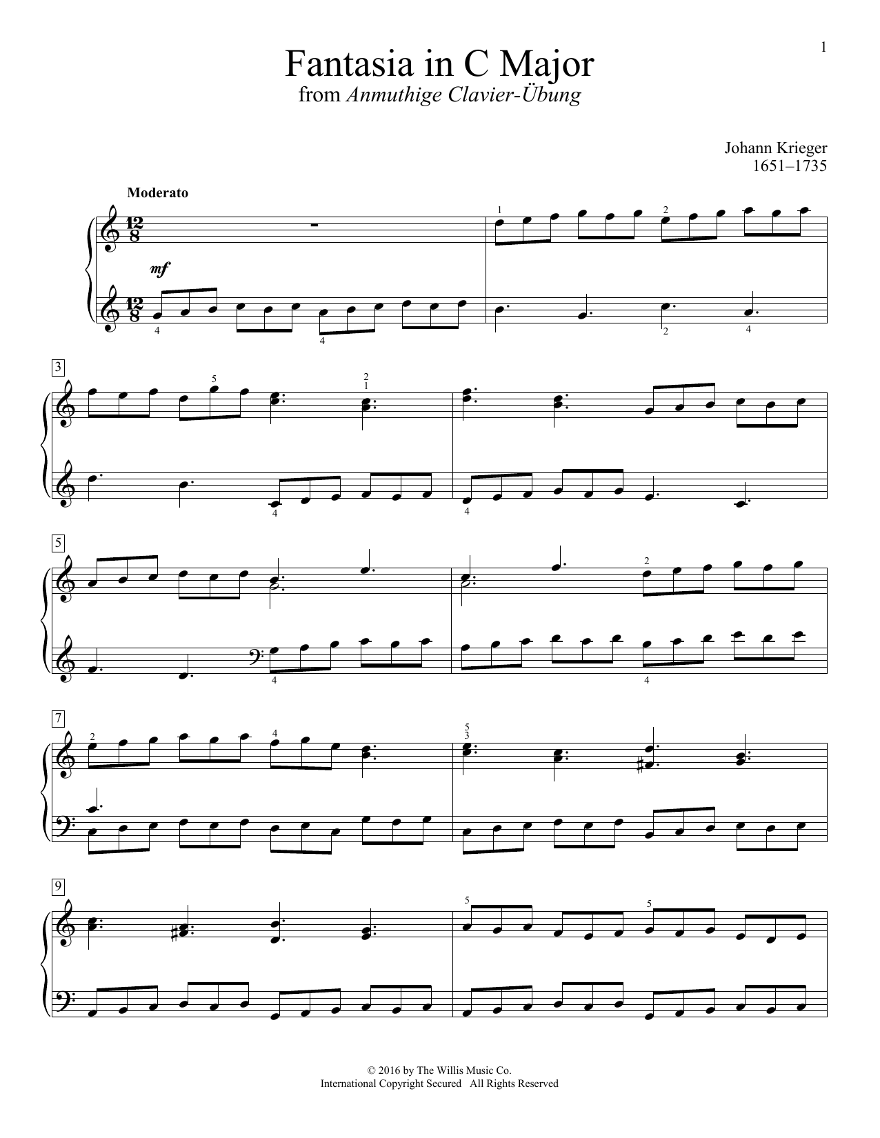 Johann Krieger Fantasia In C Major Sheet Music Notes & Chords for Educational Piano - Download or Print PDF