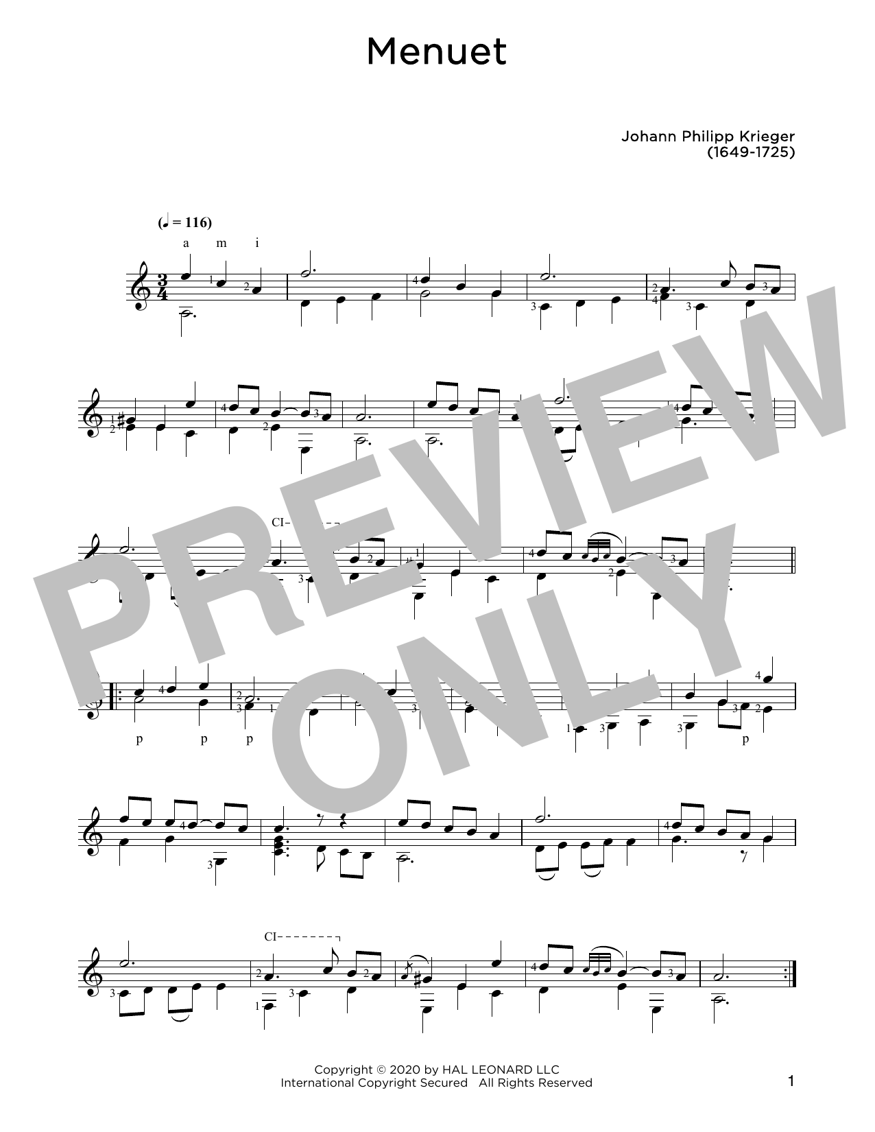 Johann Krieger Menuet Sheet Music Notes & Chords for Solo Guitar - Download or Print PDF