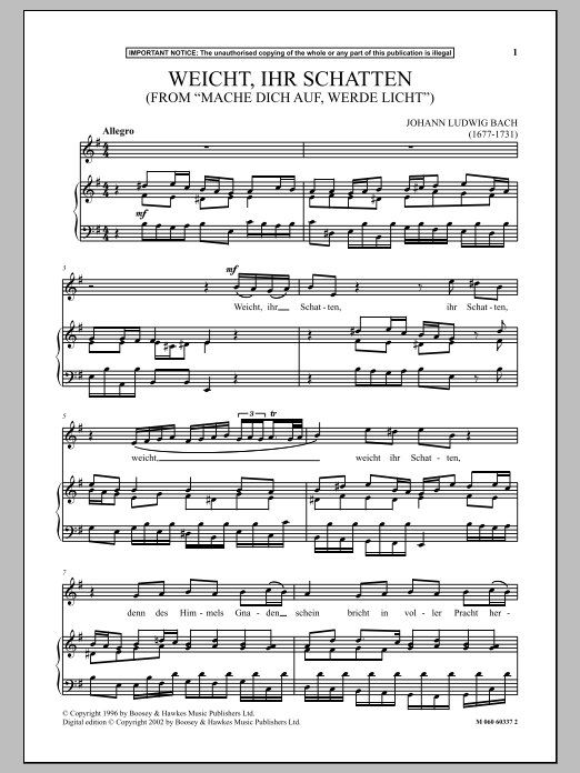 Johann Ludwig Bach Weicht, Ihr Schaten (from Mache Dich Auf, Werde Licht ) Sheet Music Notes & Chords for Piano & Vocal - Download or Print PDF Johann Ludwig Bach Weicht, Ihr Schaten (from Mache Dich Auf, Werde Licht ) Sheet Music Notes & Chords for Piano & Vocal - Download or Print PDF