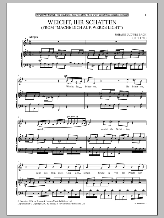 Johann Ludwig Bach Weicht, Ihr Schaten (from Mache Dich Auf, Werde Licht ) Sheet Music Notes & Chords for Piano & Vocal - Download or Print PDF