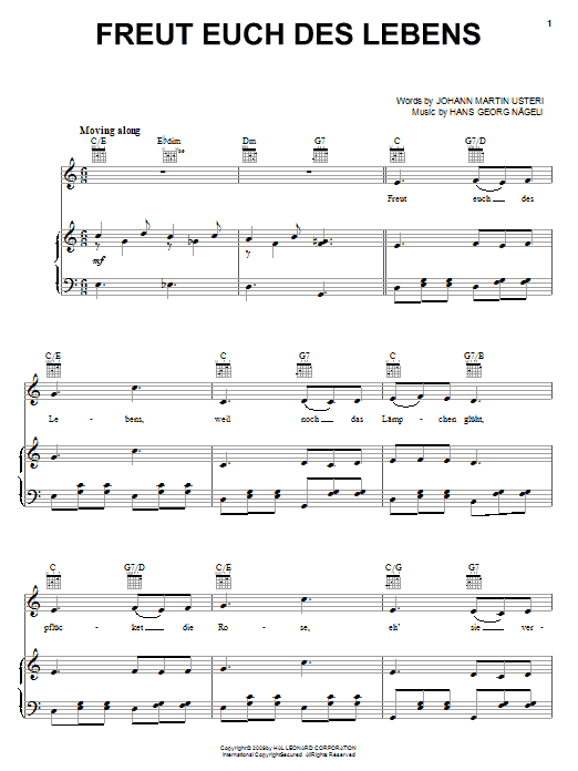 Johann Martin Usteri Freut Euch Des Lebens Sheet Music Notes & Chords for Piano, Vocal & Guitar (Right-Hand Melody) - Download or Print PDF