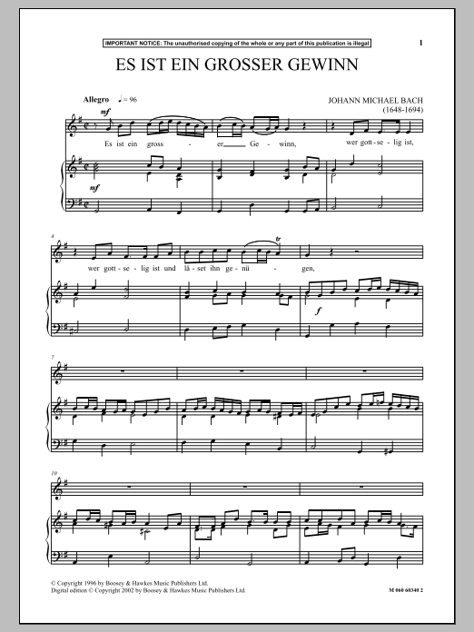 Johann Michael Bach Es Ist Ein Grosser Gewinn Sheet Music Notes & Chords for Piano & Vocal - Download or Print PDF Johann Michael Bach Es Ist Ein Grosser Gewinn Sheet Music Notes & Chords for Piano & Vocal - Download or Print PDF